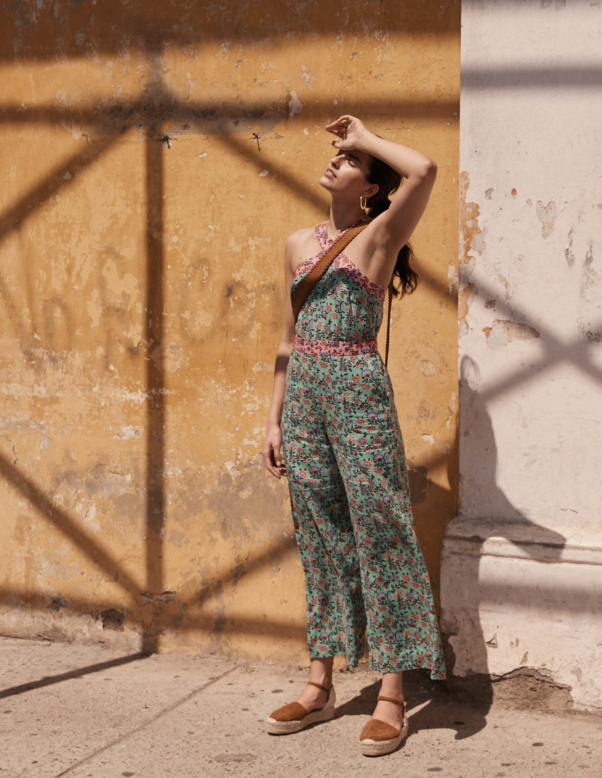 Cross Over Linen Jumpsuit-Green Lagoon, Oriental Meadow - Image 5
