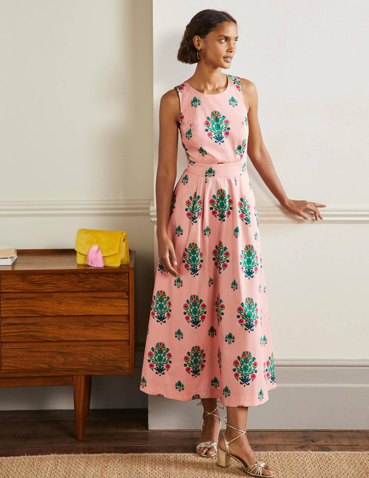 Elsa Back Detail Midi Dress-Milkshake, Bouquet Stamp - Image 1
