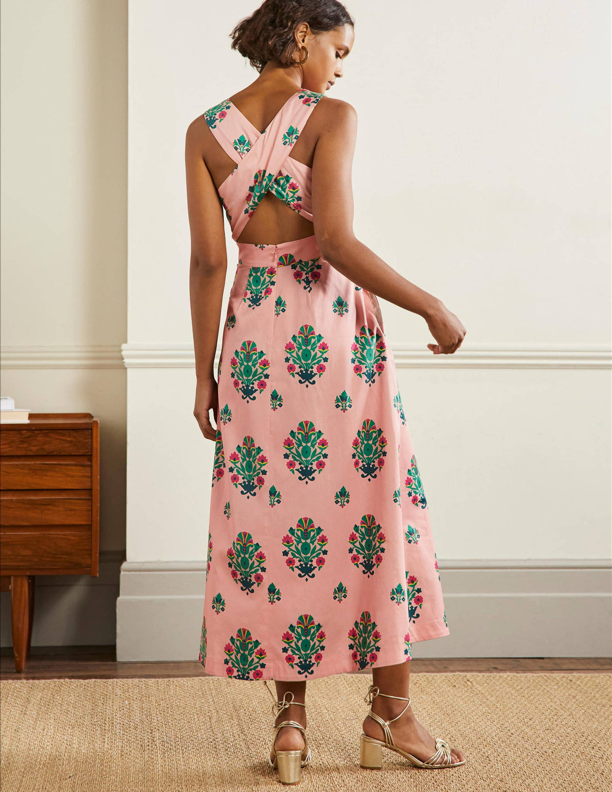 Elsa Back Detail Midi Dress-Milkshake, Bouquet Stamp-3