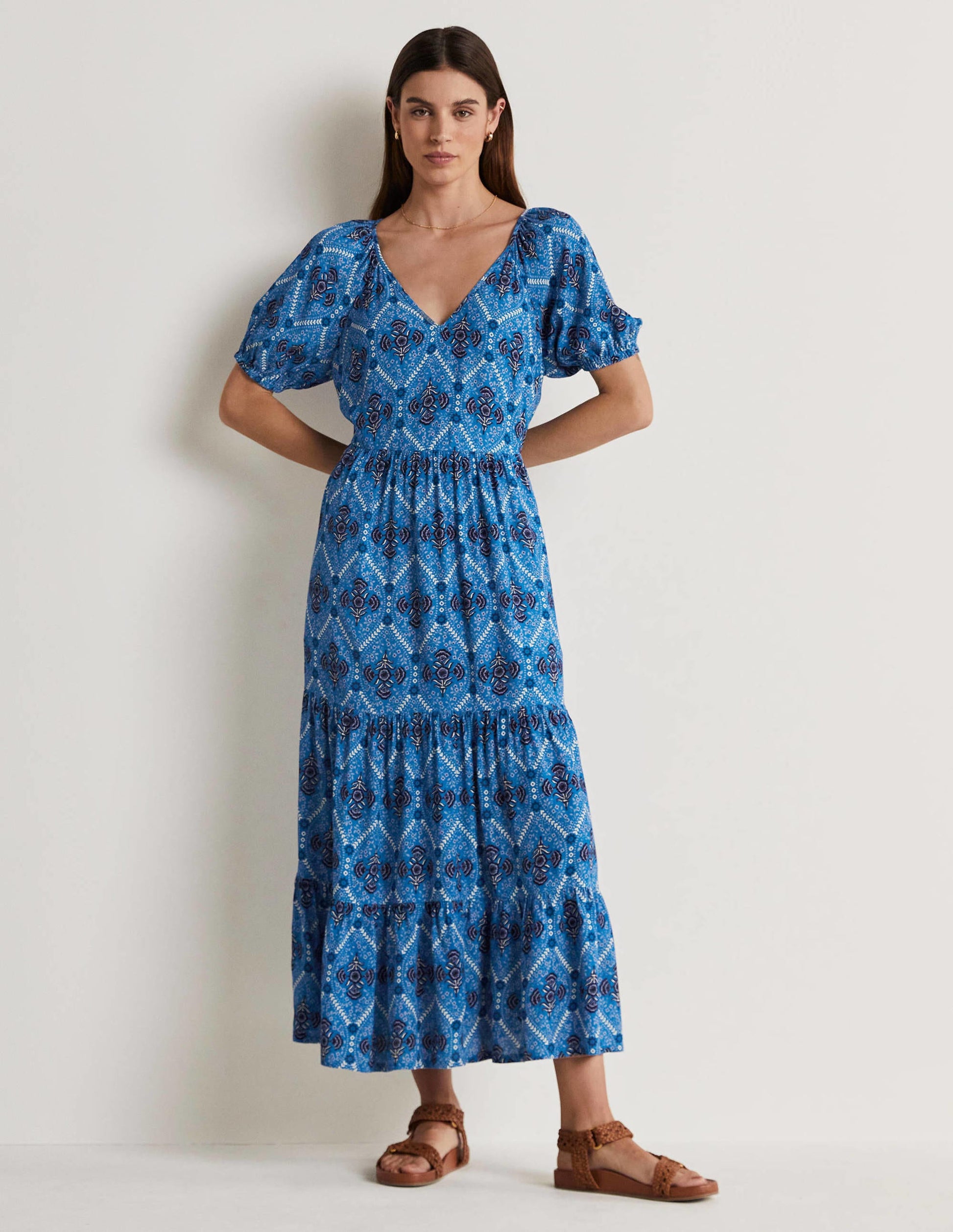 V-Neck Midi Dress-Mosaic Blue, Poppy Bloom-1