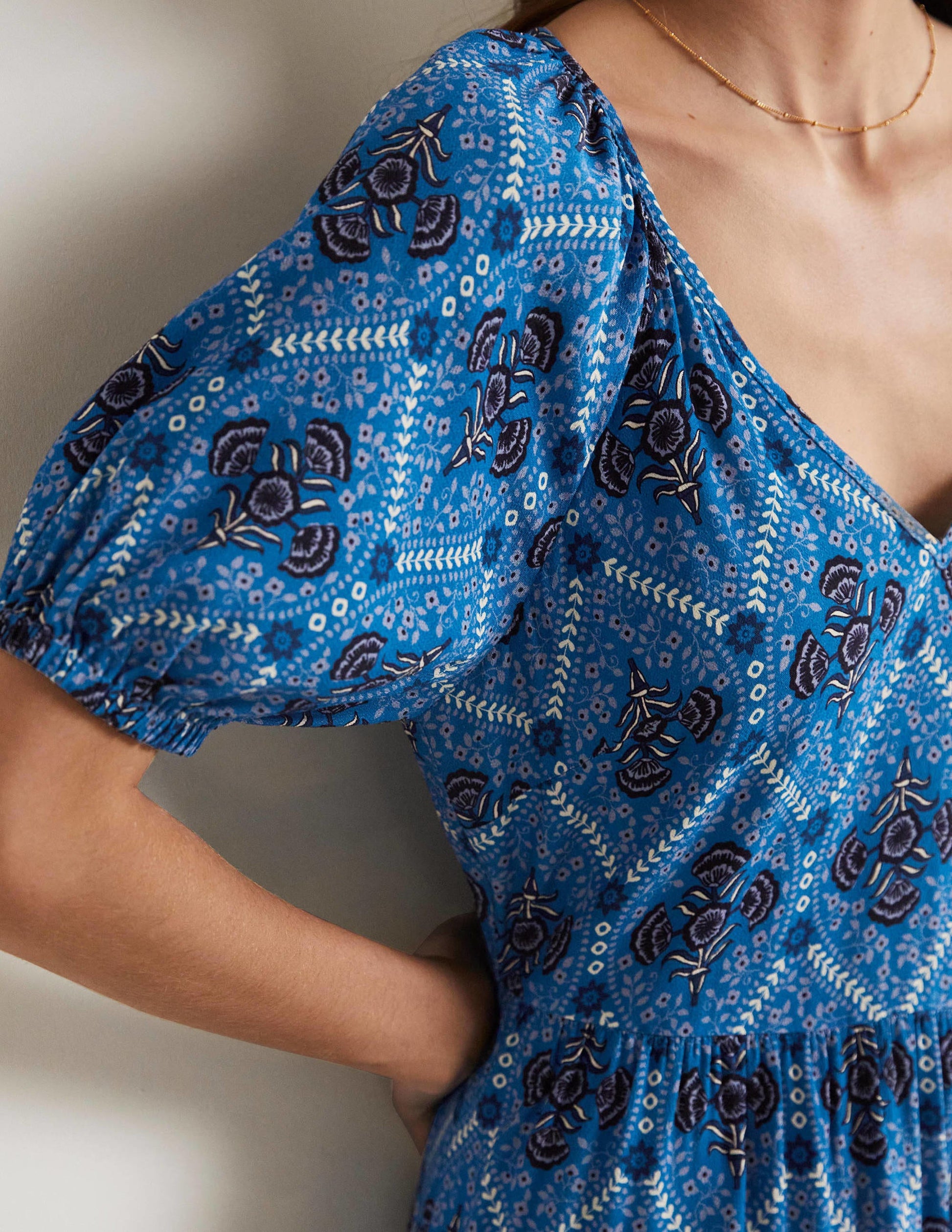 V-Neck Midi Dress-Mosaic Blue, Poppy Bloom-2