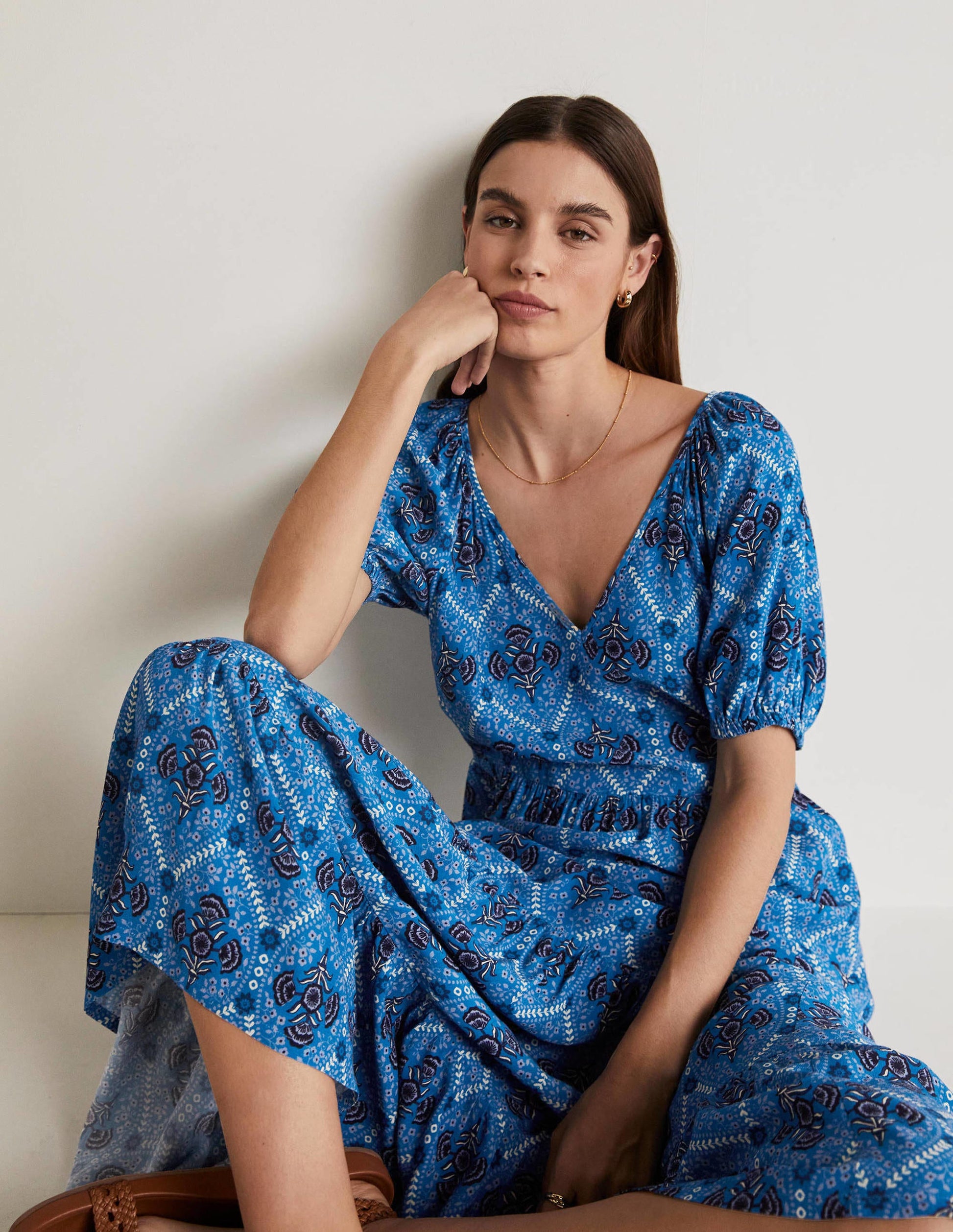 V-Neck Midi Dress-Mosaic Blue, Poppy Bloom-4