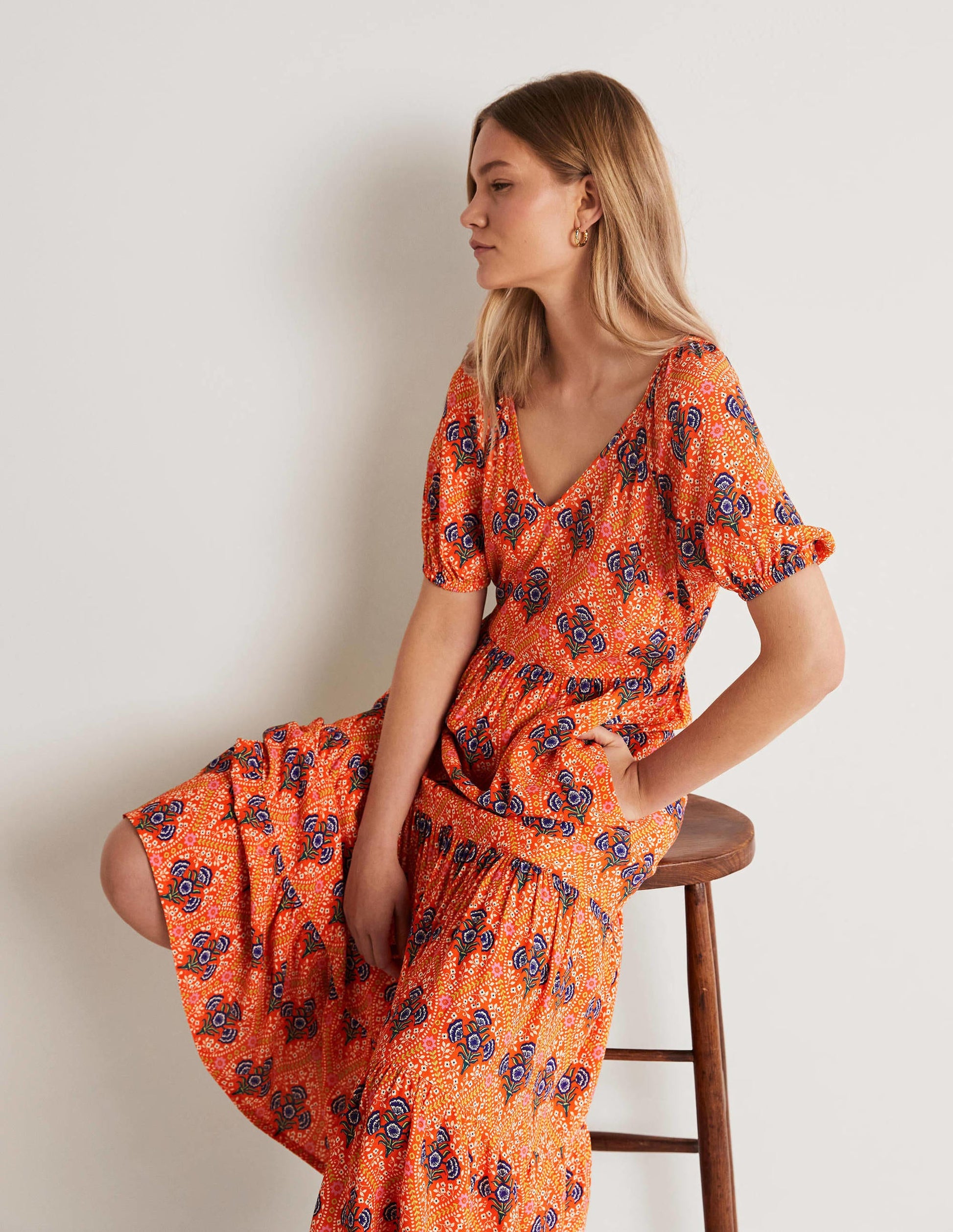 V-Neck Midi Dress-Firecracker, Poppy Bloom-4