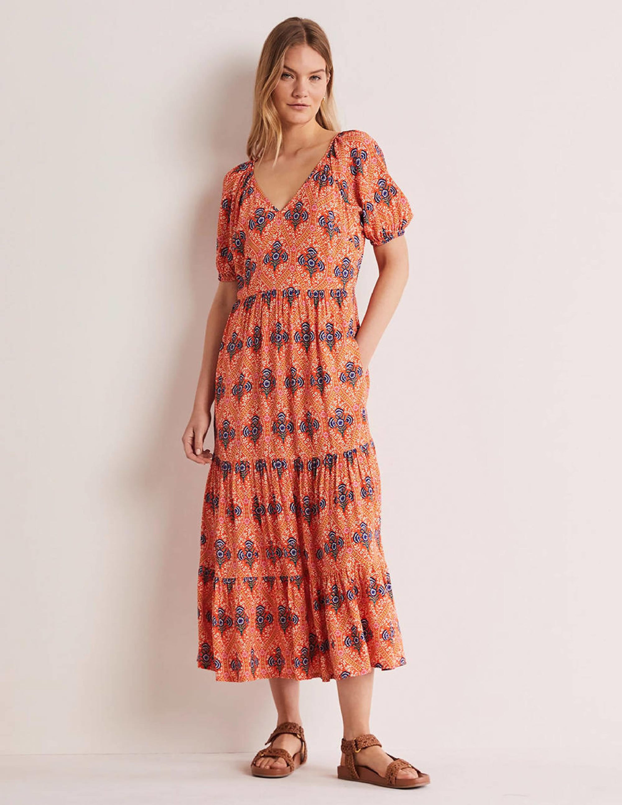 V-Neck Midi Dress-Firecracker, Poppy Bloom - Image 5