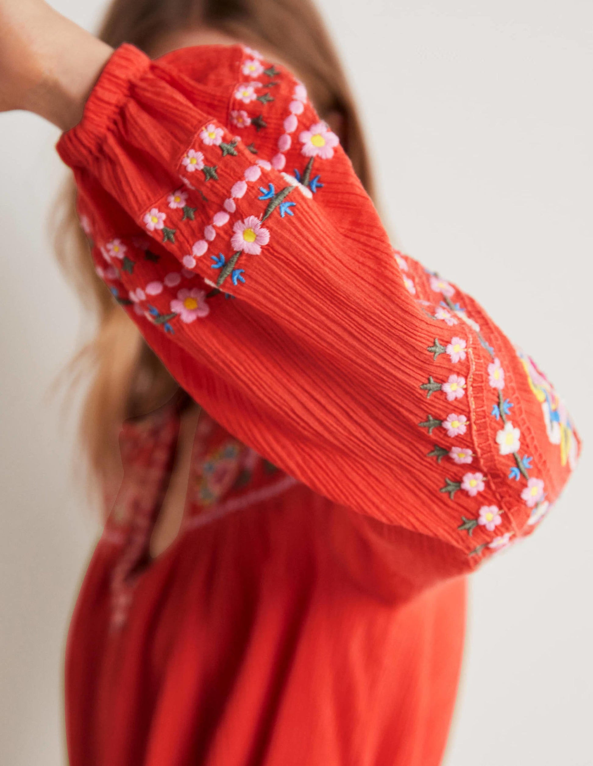 Embroidered Cotton Dress-Bright Papaya-2