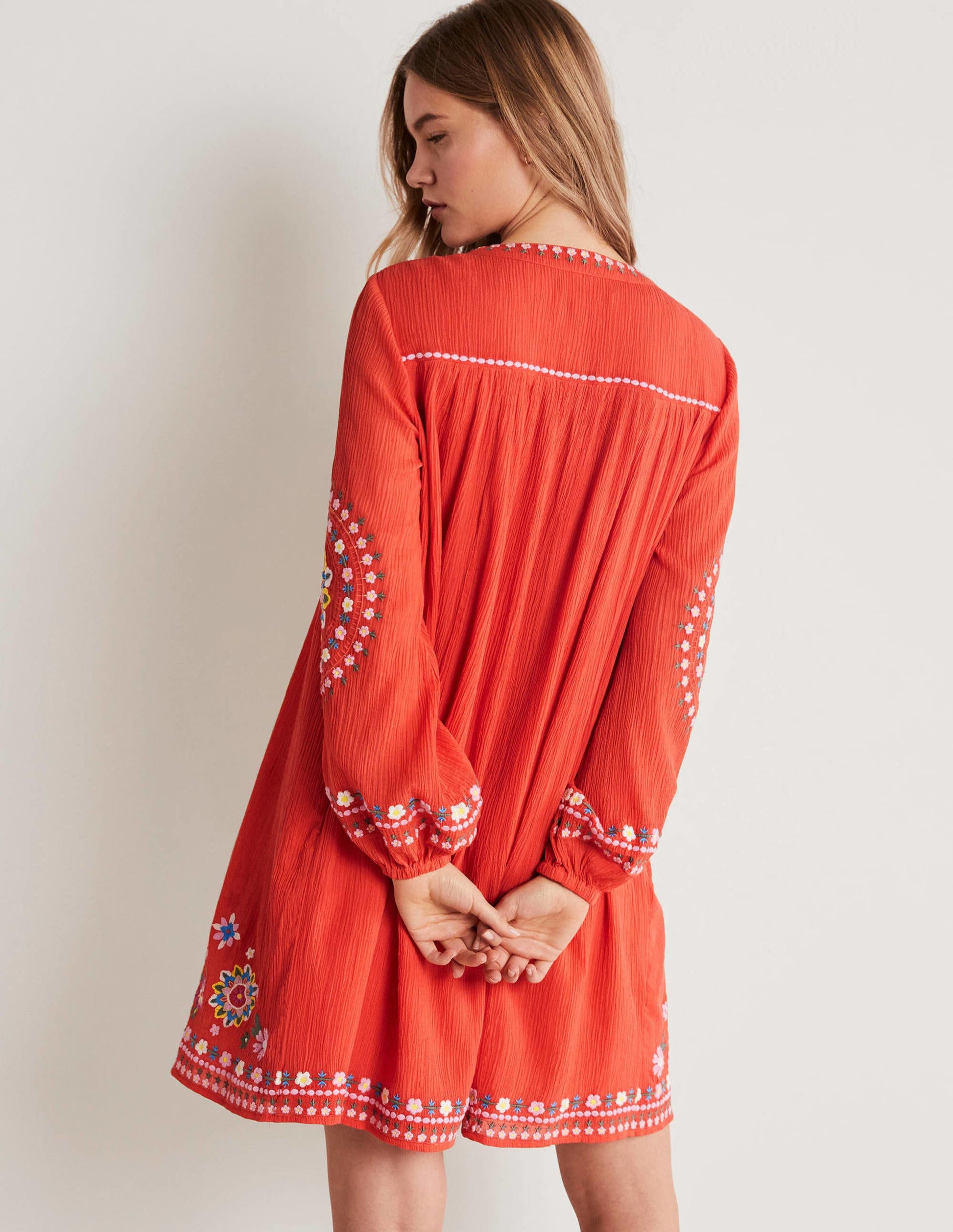 Embroidered Cotton Dress-Bright Papaya-3