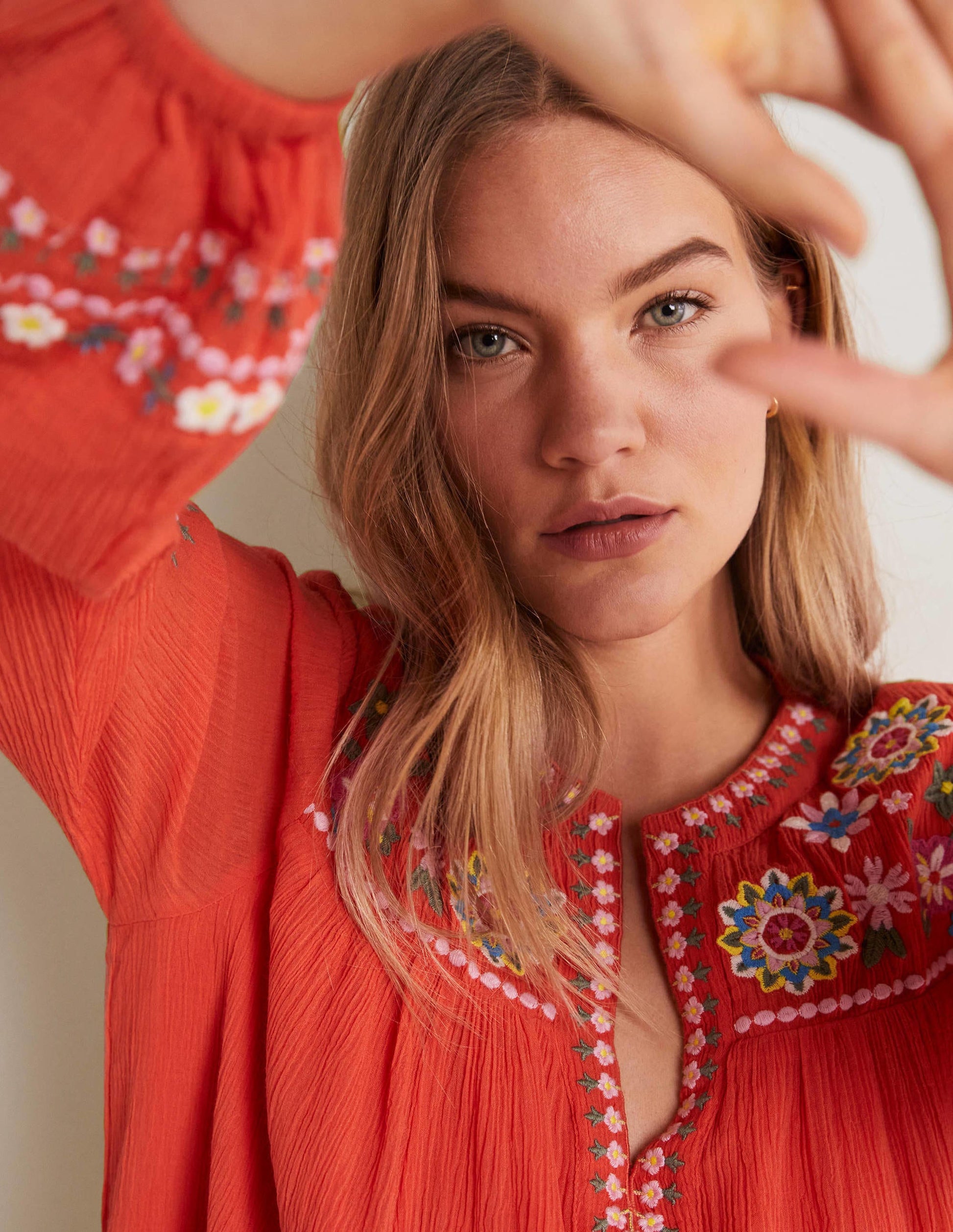 Embroidered Cotton Dress-Bright Papaya-4