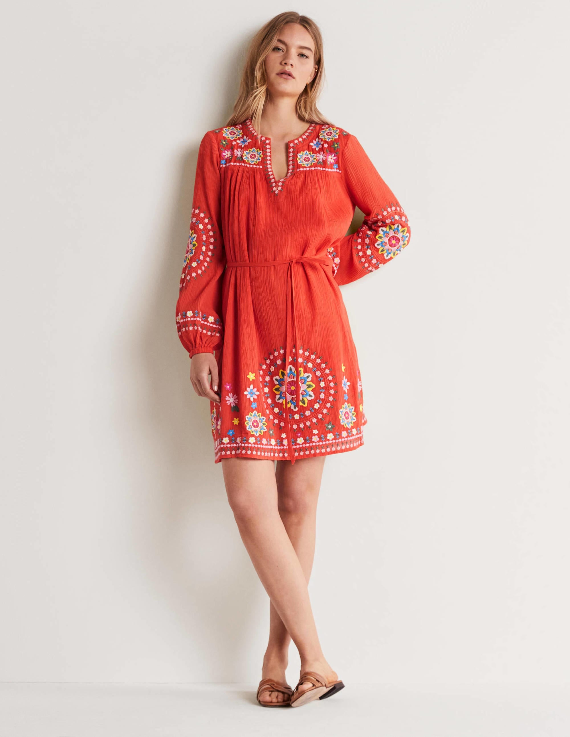 Embroidered Cotton Dress-Bright Papaya - Image 5
