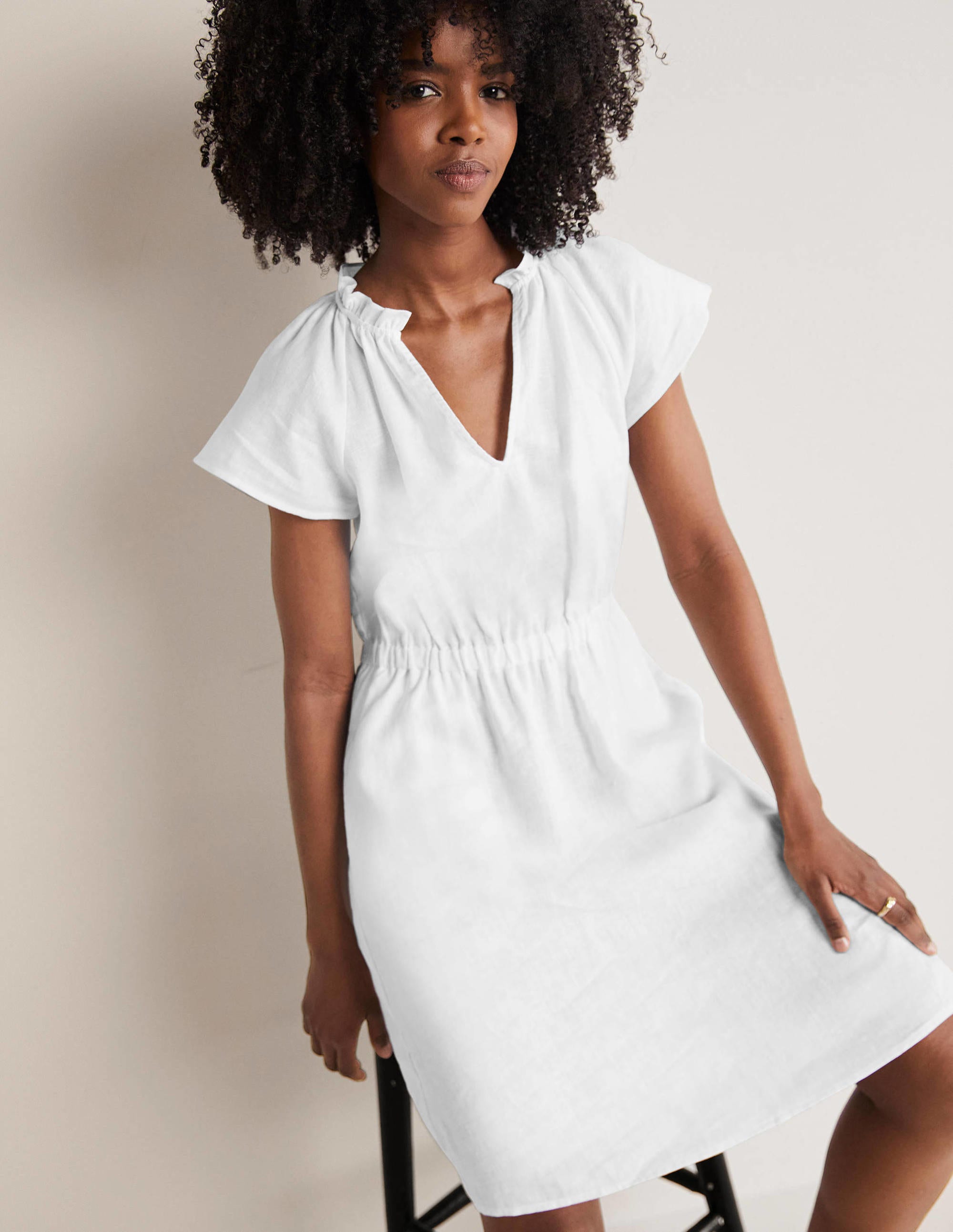Short Sleeve Linen Dress-White - Image 1