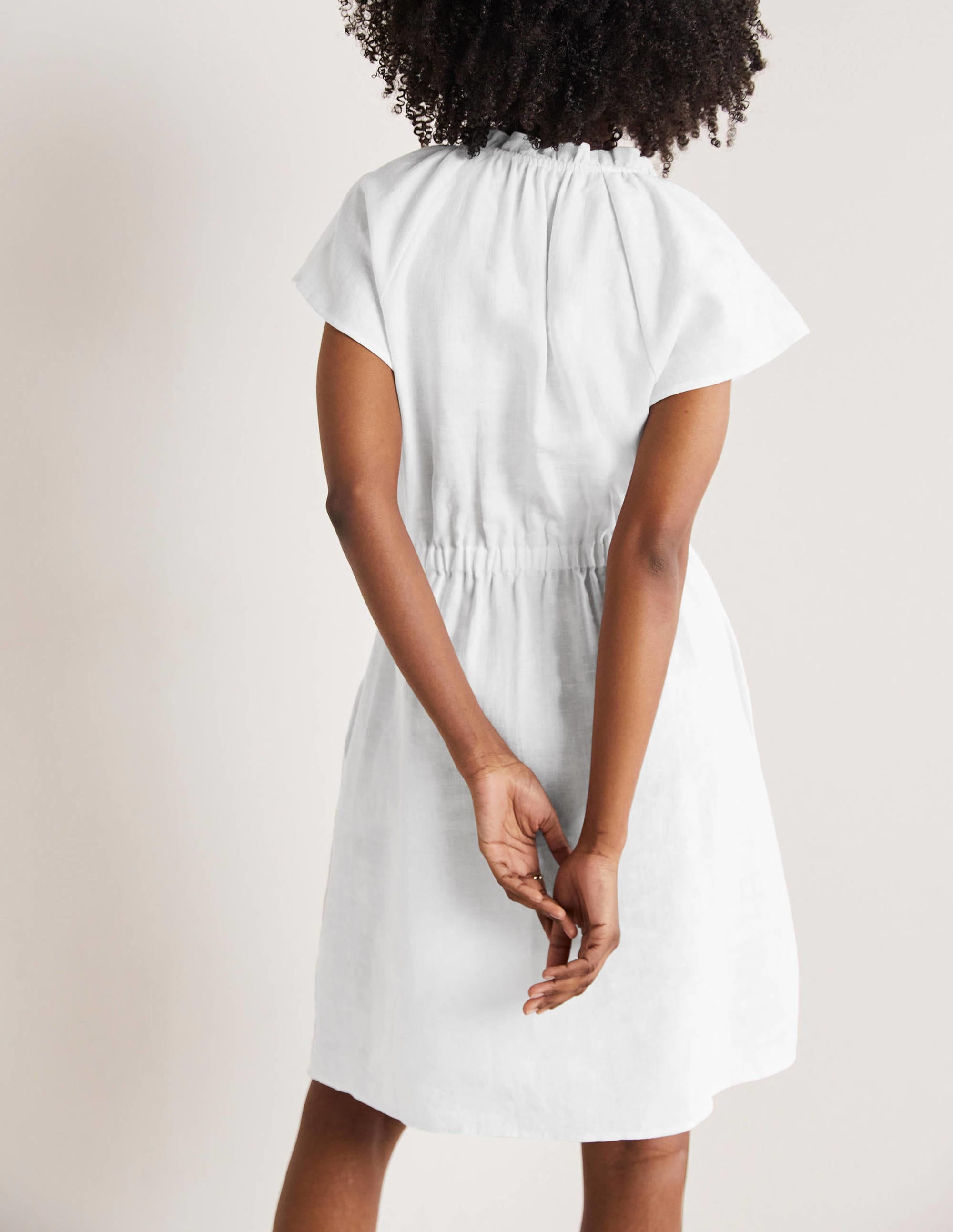 Short Sleeve Linen Dress-White - Image 3