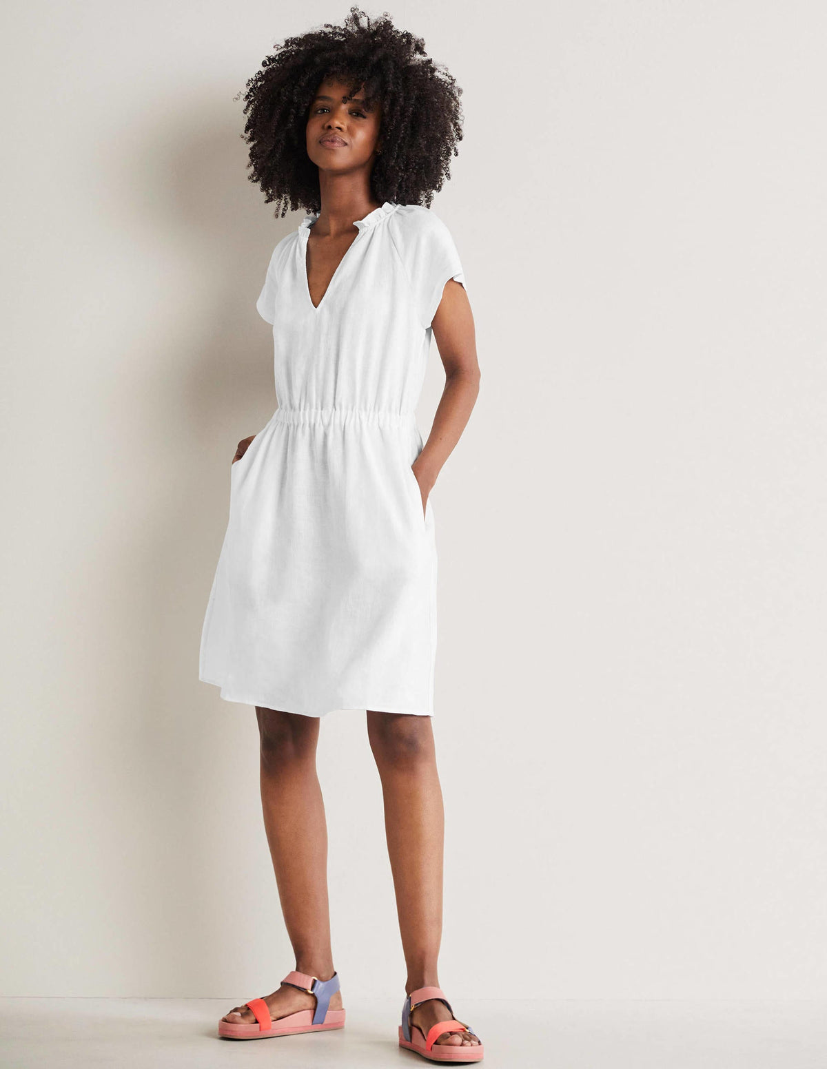 Short Sleeve Linen Dress-White-4