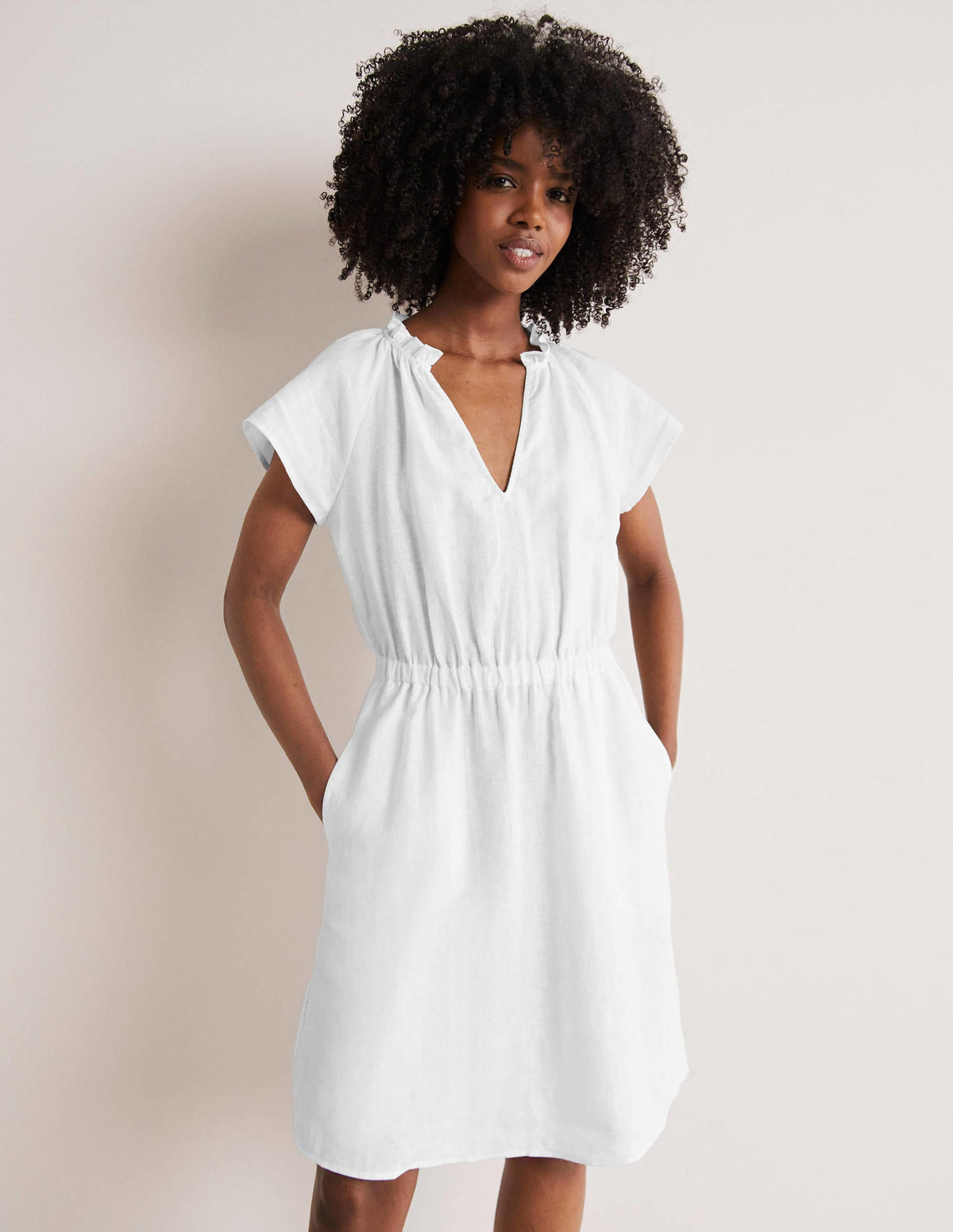 Short Sleeve Linen Dress-White - Image 5