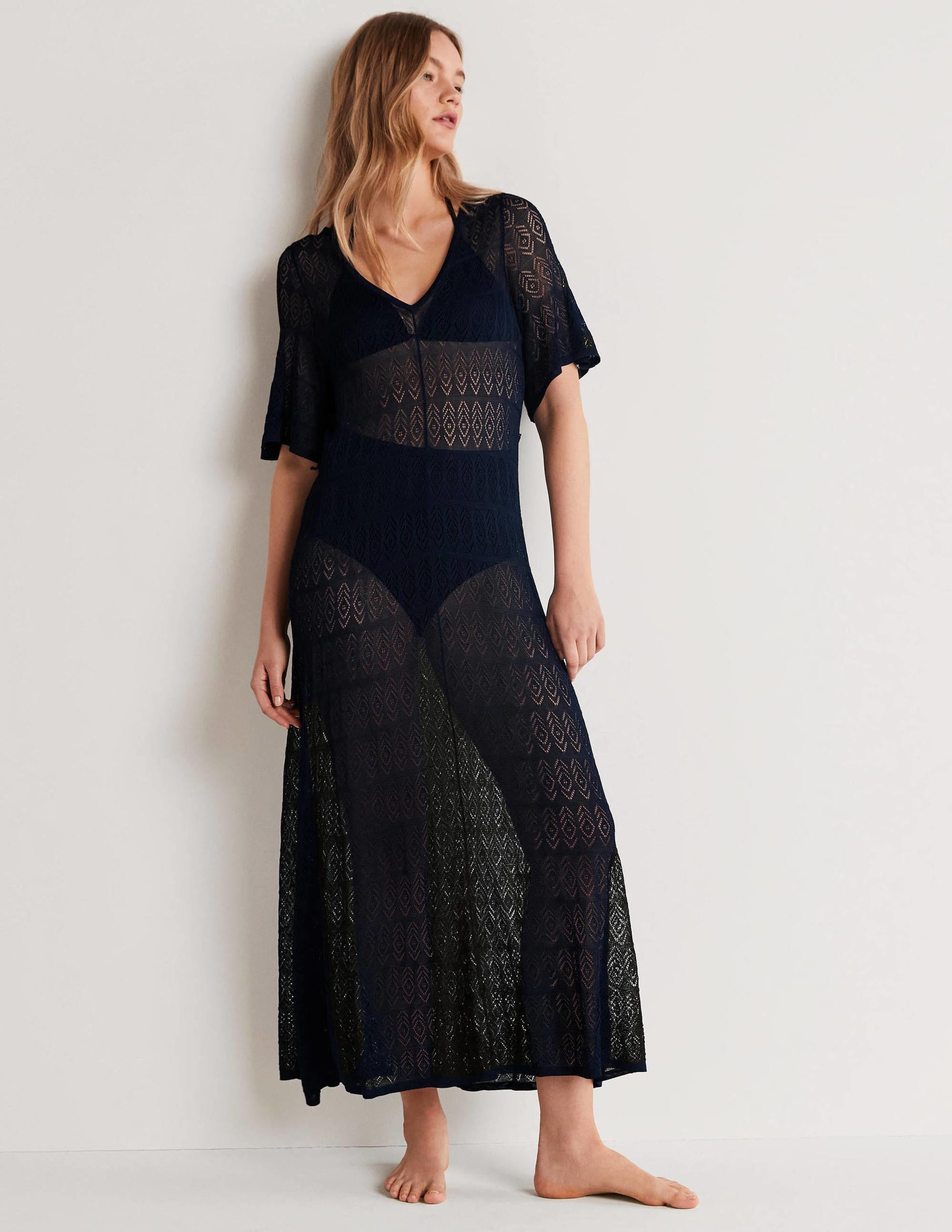 Pointelle Knitted Midi Dress-Navy-1