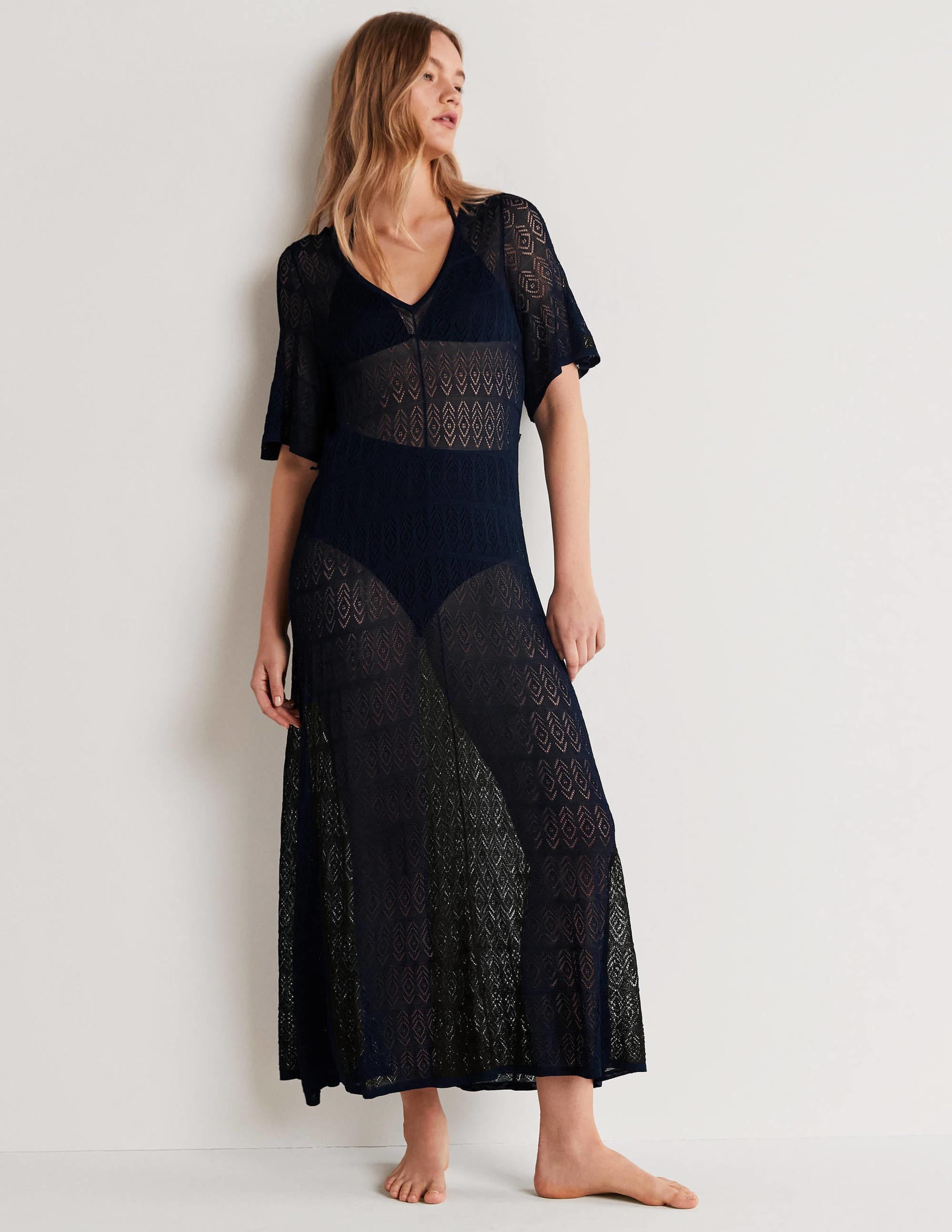 Pointelle Knitted Midi Dress-Navy - Image 1