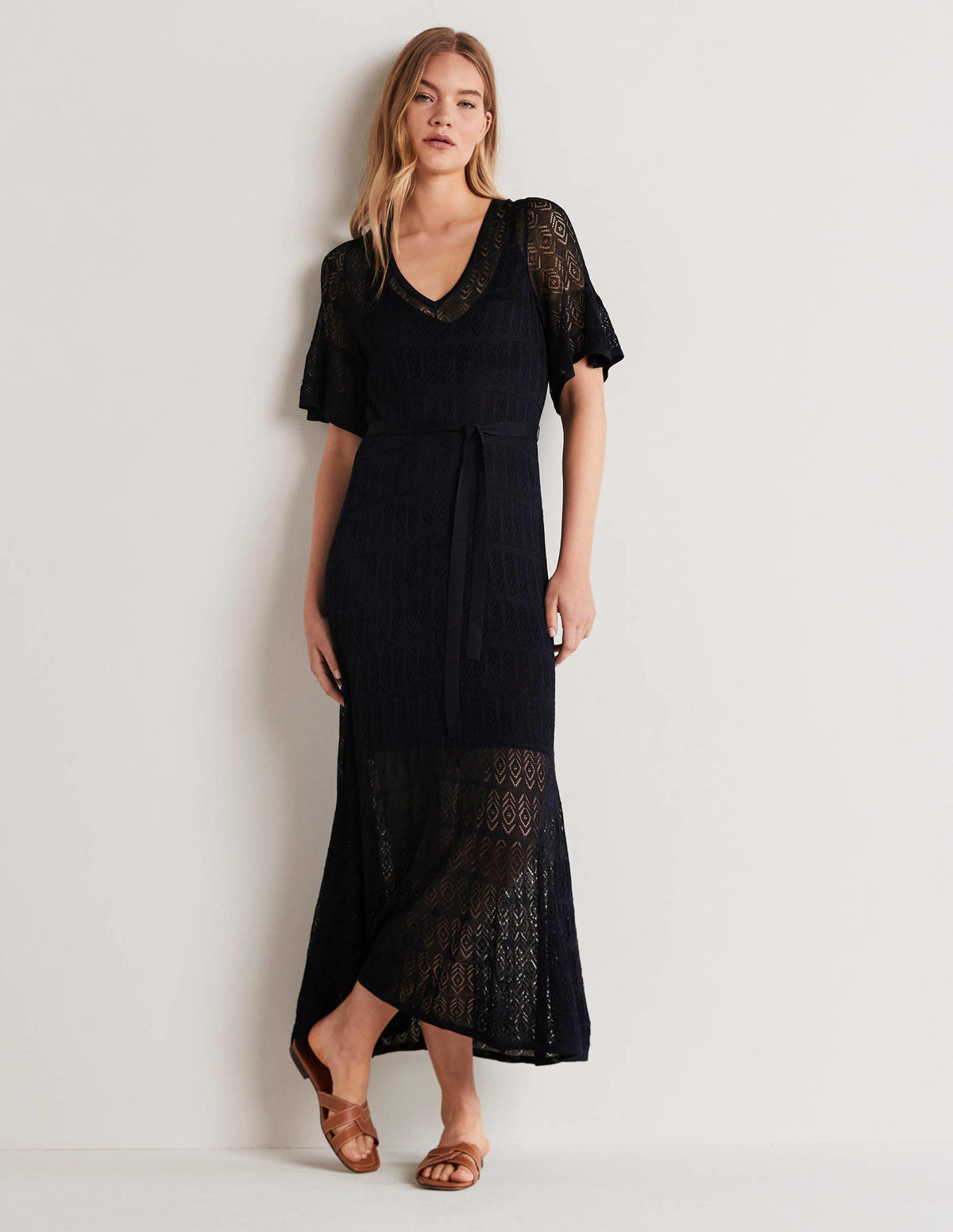 Pointelle Knitted Midi Dress-Navy - Image 3