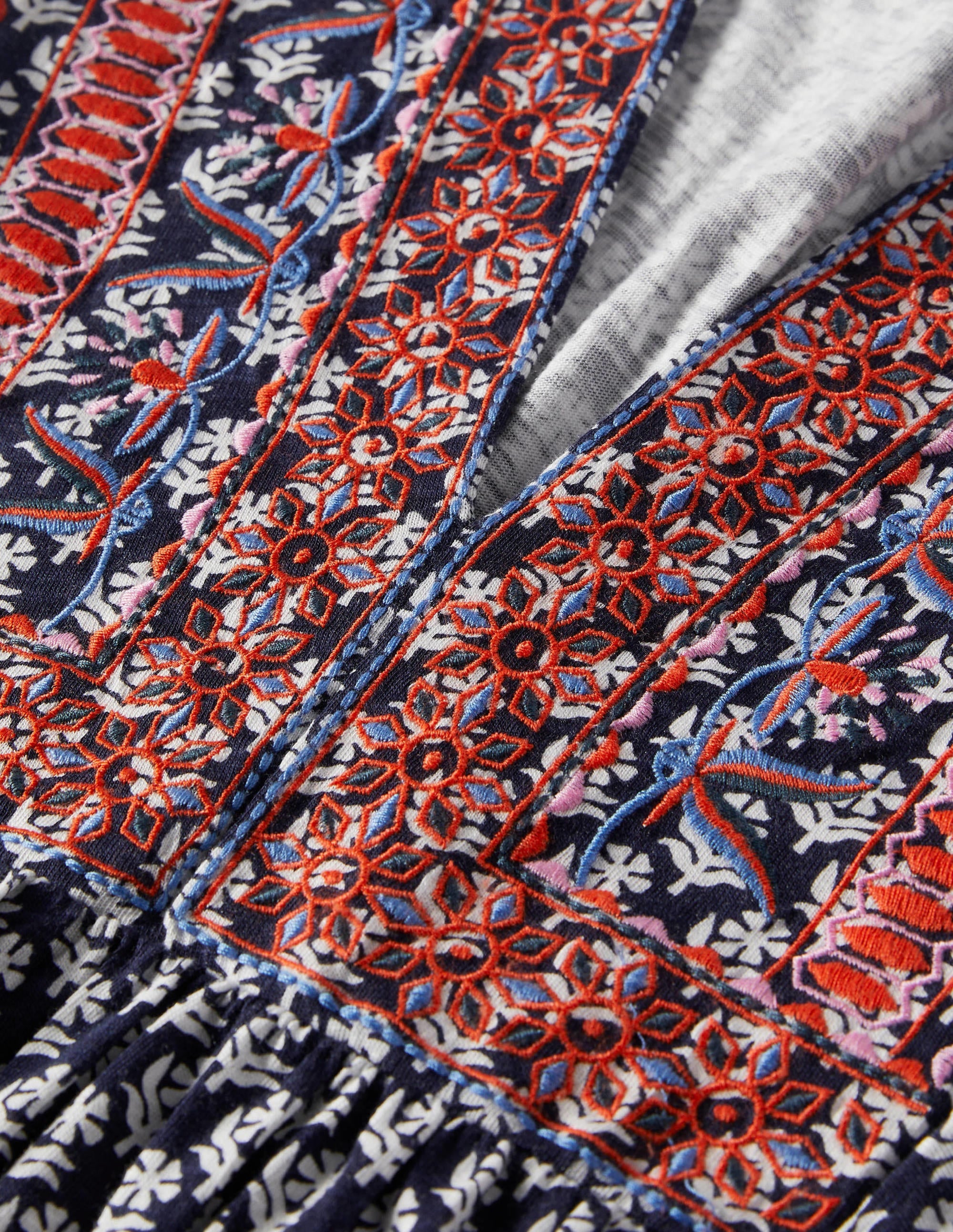Embroidered Jersey Dress-Navy, Woodblock Bloom - Image 5