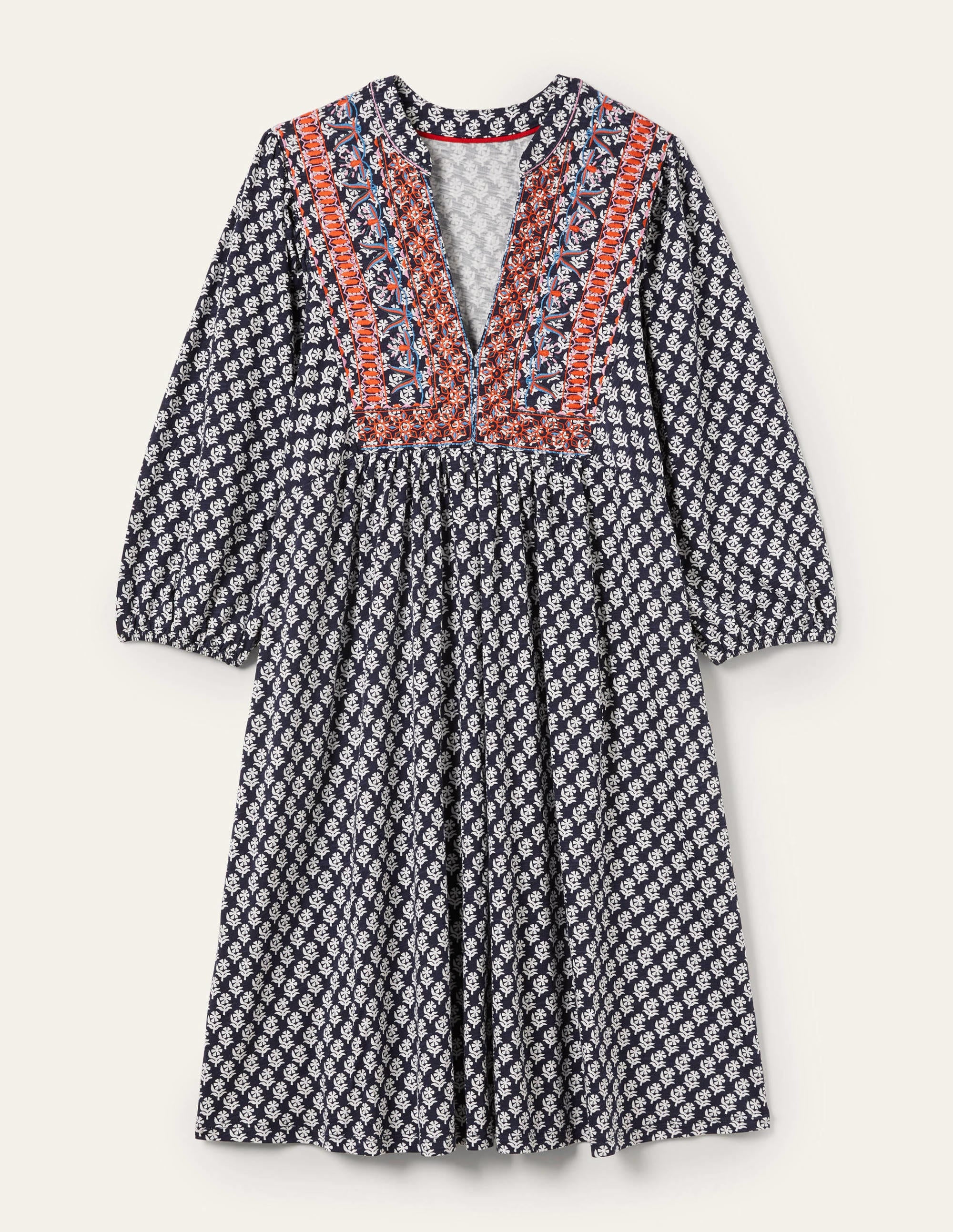 Embroidered Jersey Dress-Navy, Woodblock Bloom - Image 6