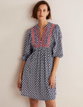 Embroidered Jersey Dress-Navy, Woodblock Bloom