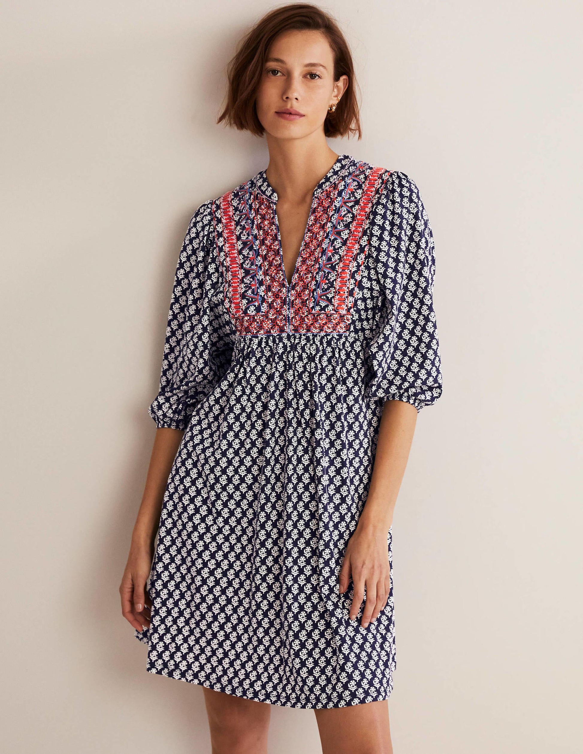 Embroidered Jersey Dress-Navy, Woodblock Bloom-1