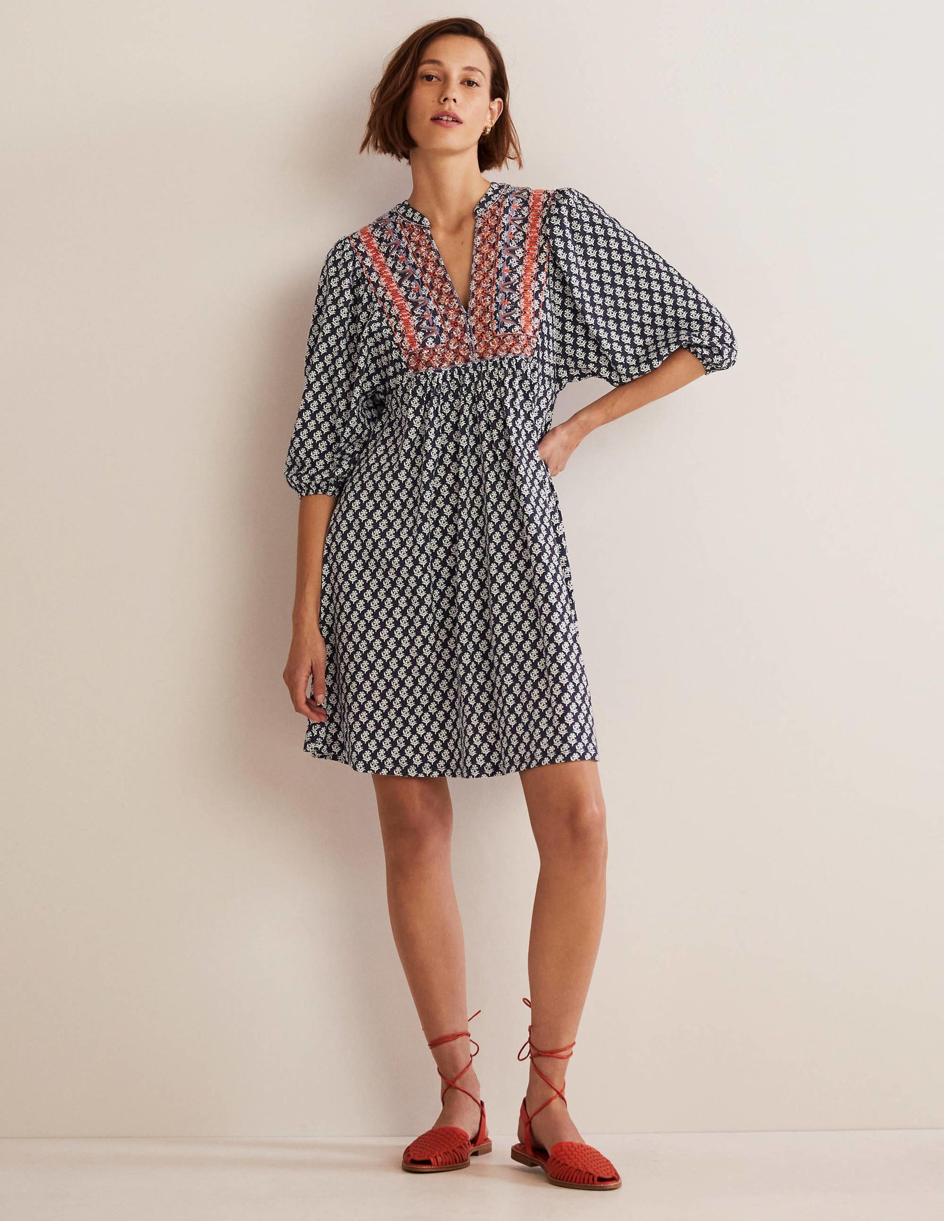 Embroidered Jersey Dress-Navy, Woodblock Bloom-4