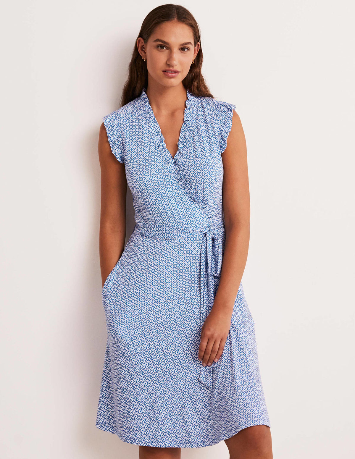 Ruffle Fixed Wrap Jersey Dress-Bluebell, Geo Blooms-1