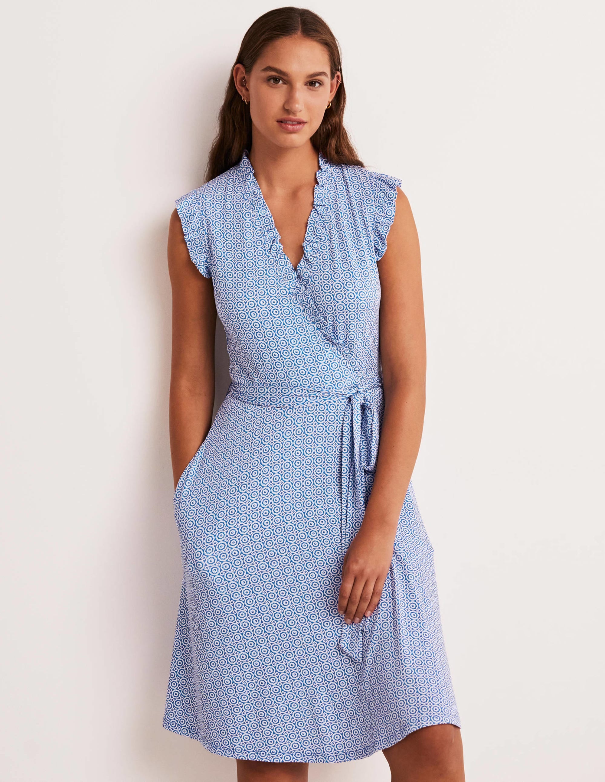 Ruffle Fixed Wrap Jersey Dress-Bluebell, Geo Blooms - Image 1