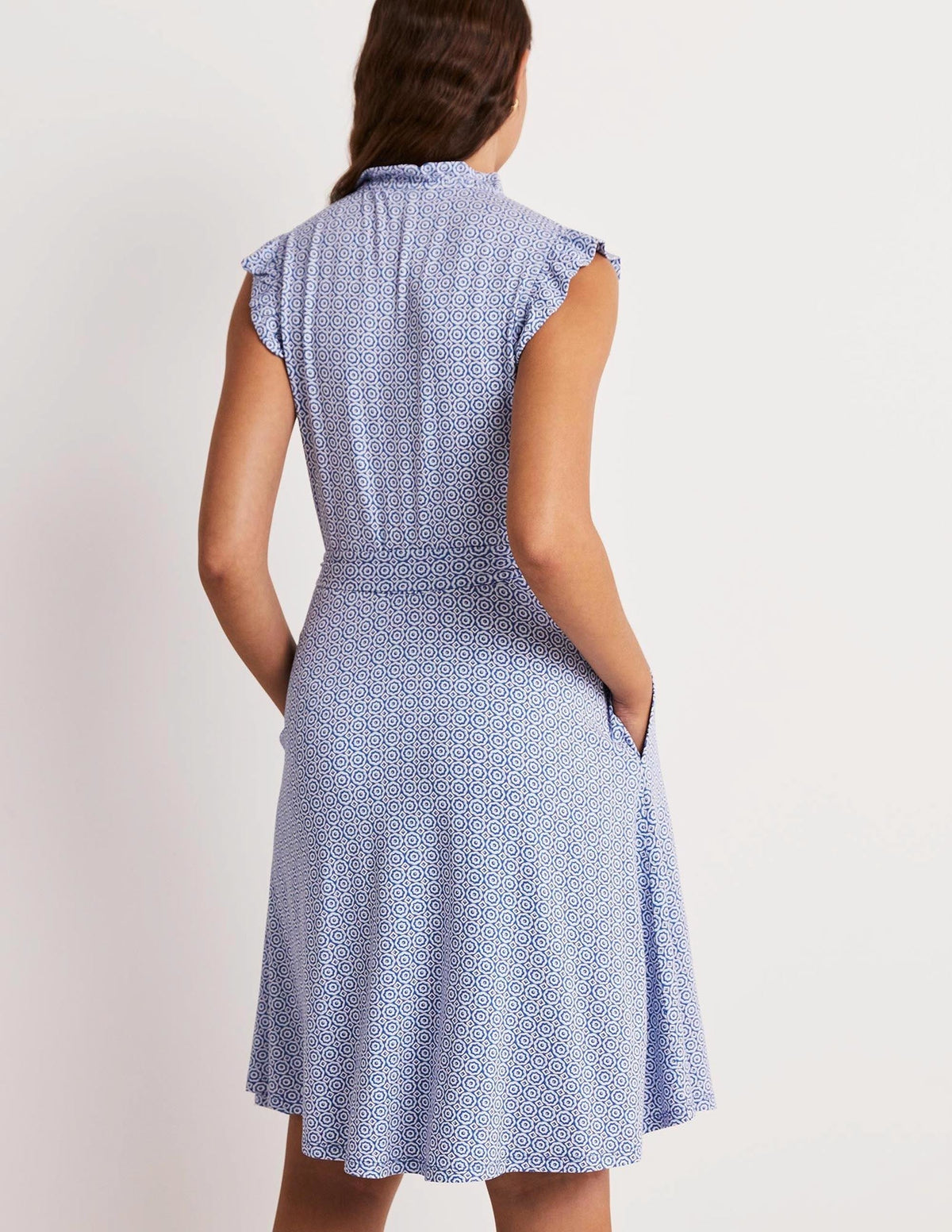 Ruffle Fixed Wrap Jersey Dress-Bluebell, Geo Blooms-3