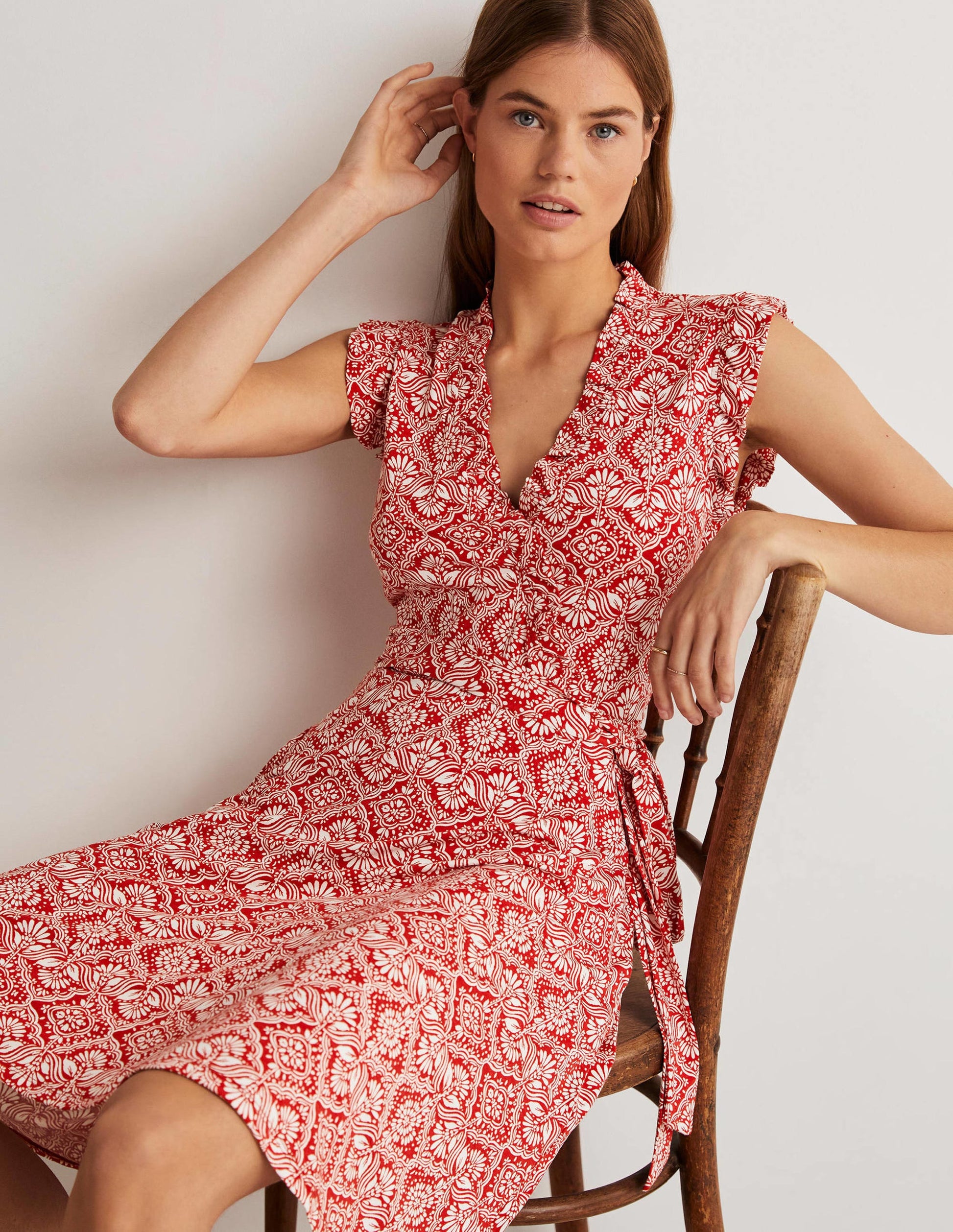 Ruffle Fixed Wrap Jersey Dress-Aurora Red, Oriental Diamond-8