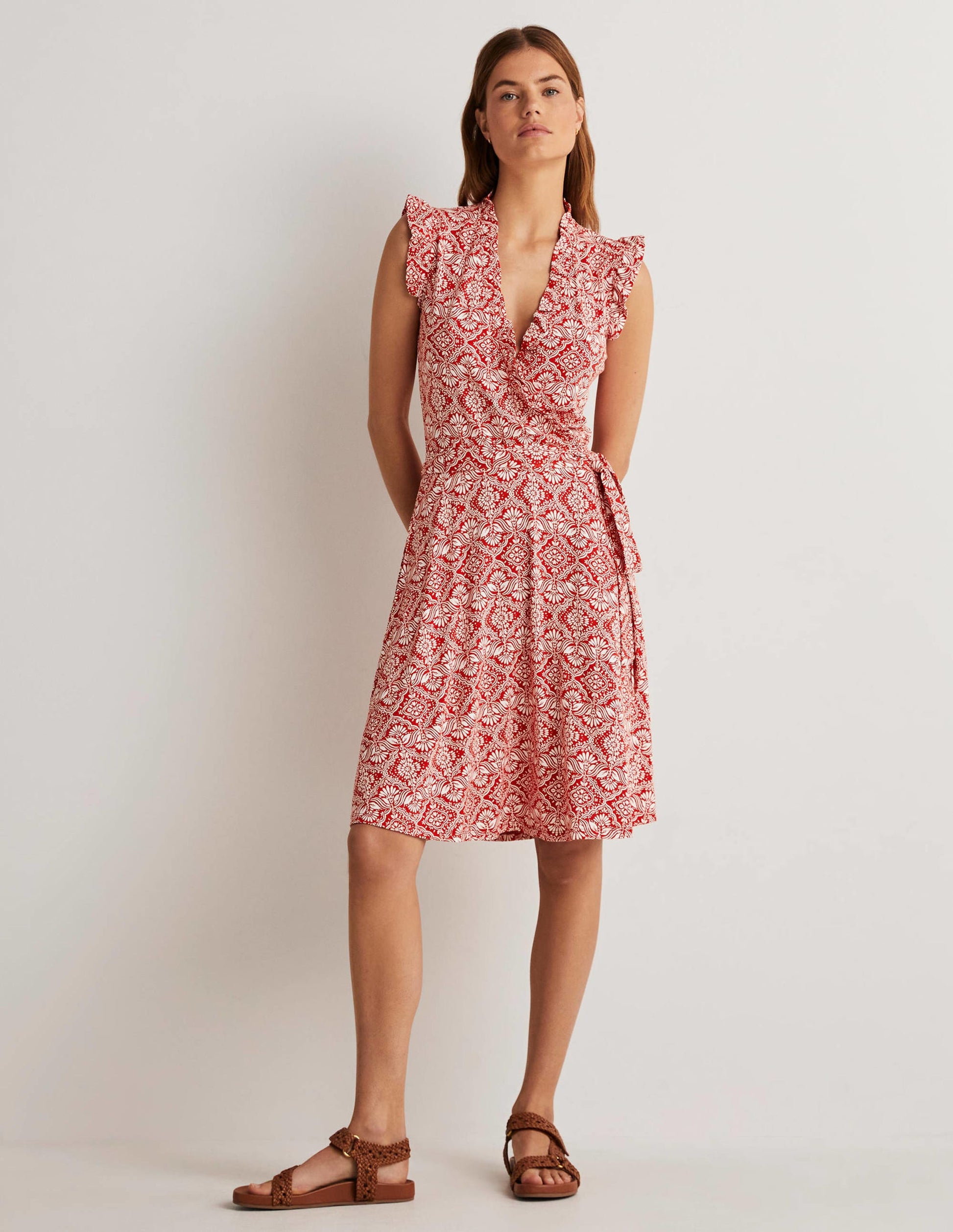 Ruffle Fixed Wrap Jersey Dress-Aurora Red, Oriental Diamond-9