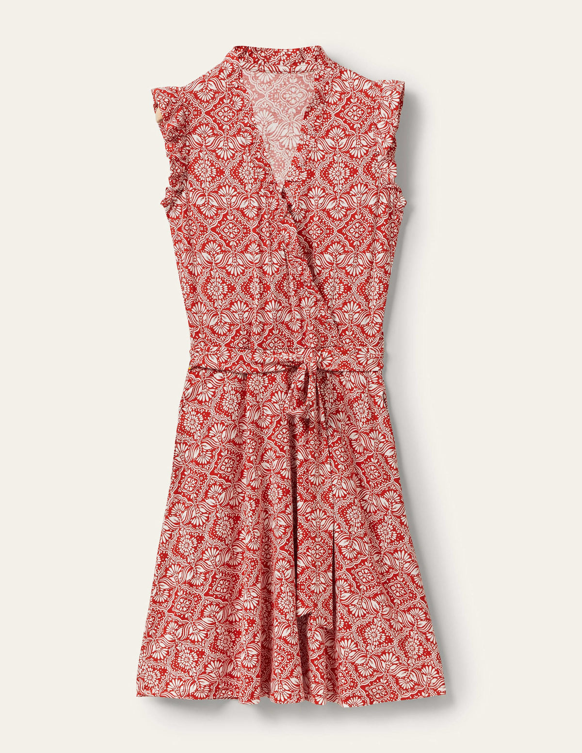 Ruffle Fixed Wrap Jersey Dress-Aurora Red, Oriental Diamond - Image 10
