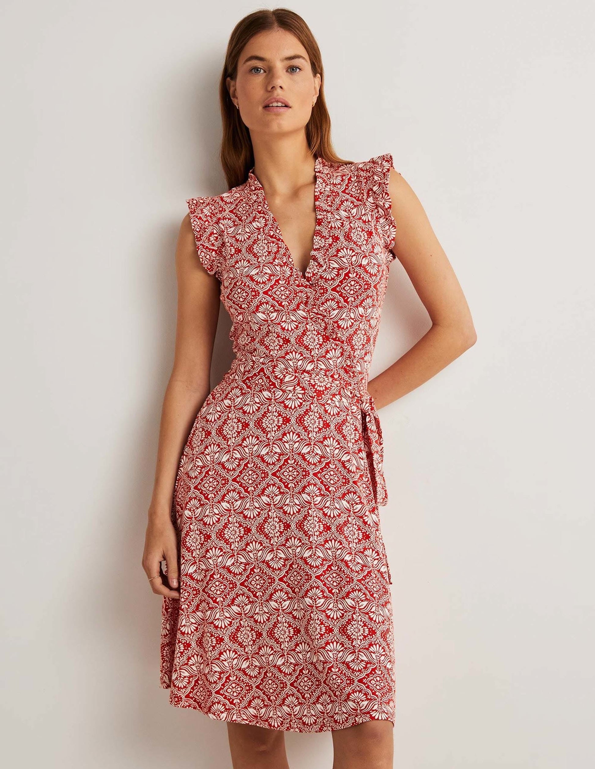 Ruffle Fixed Wrap Jersey Dress-Aurora Red, Oriental Diamond-1