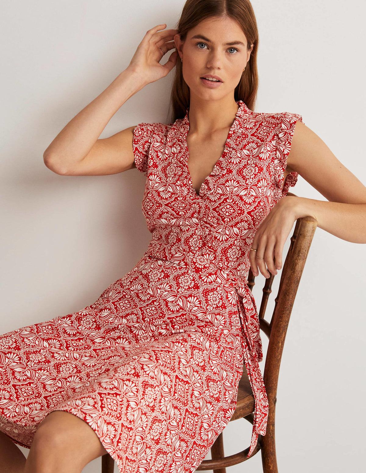 Ruffle Fixed Wrap Jersey Dress-Aurora Red, Oriental Diamond-4