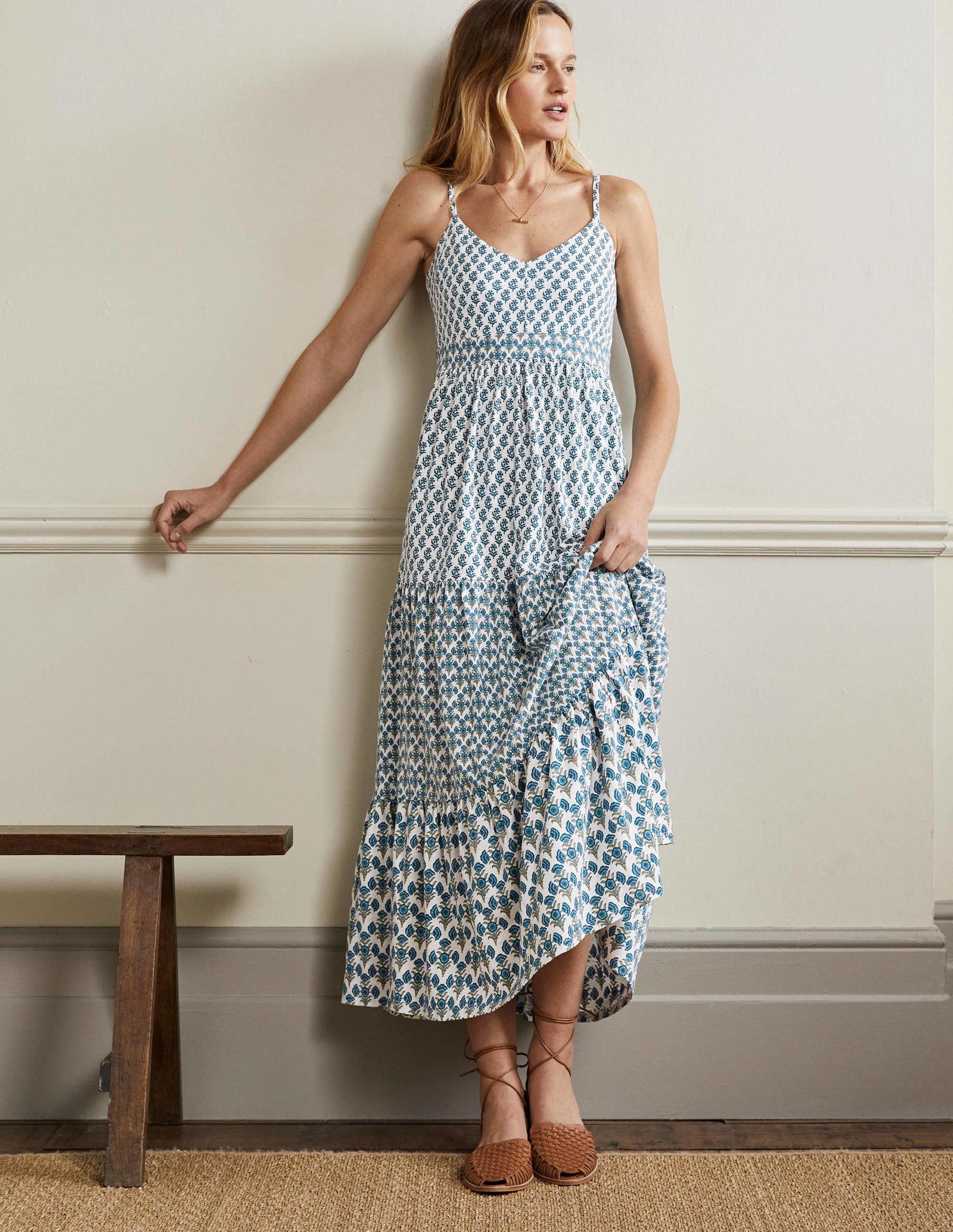 Strappy Jersey Maxi Dress-Chesapeake, Woodblock Bloom-1