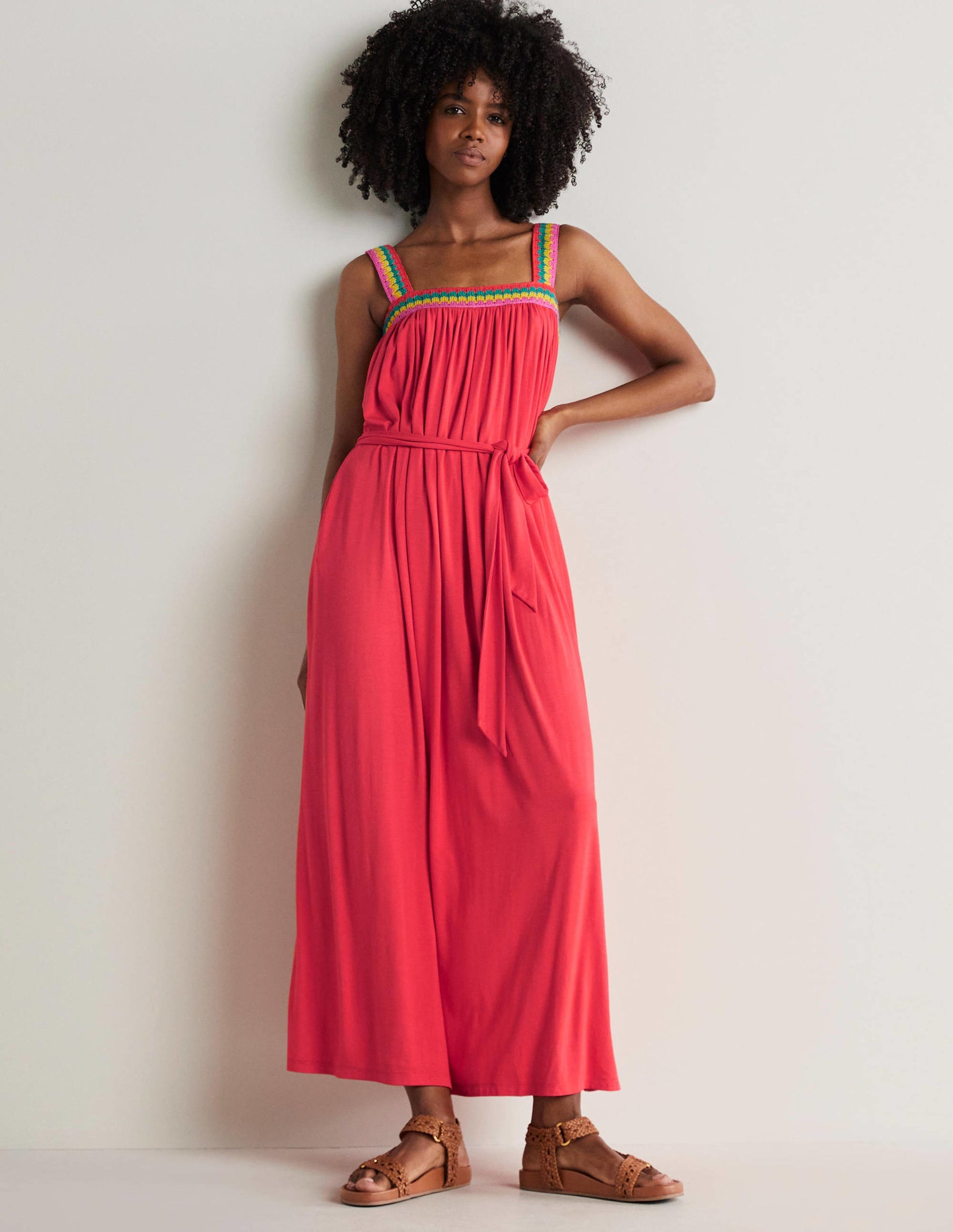 Crochet Trim Jersey Maxi Dress-Hot Coral-1