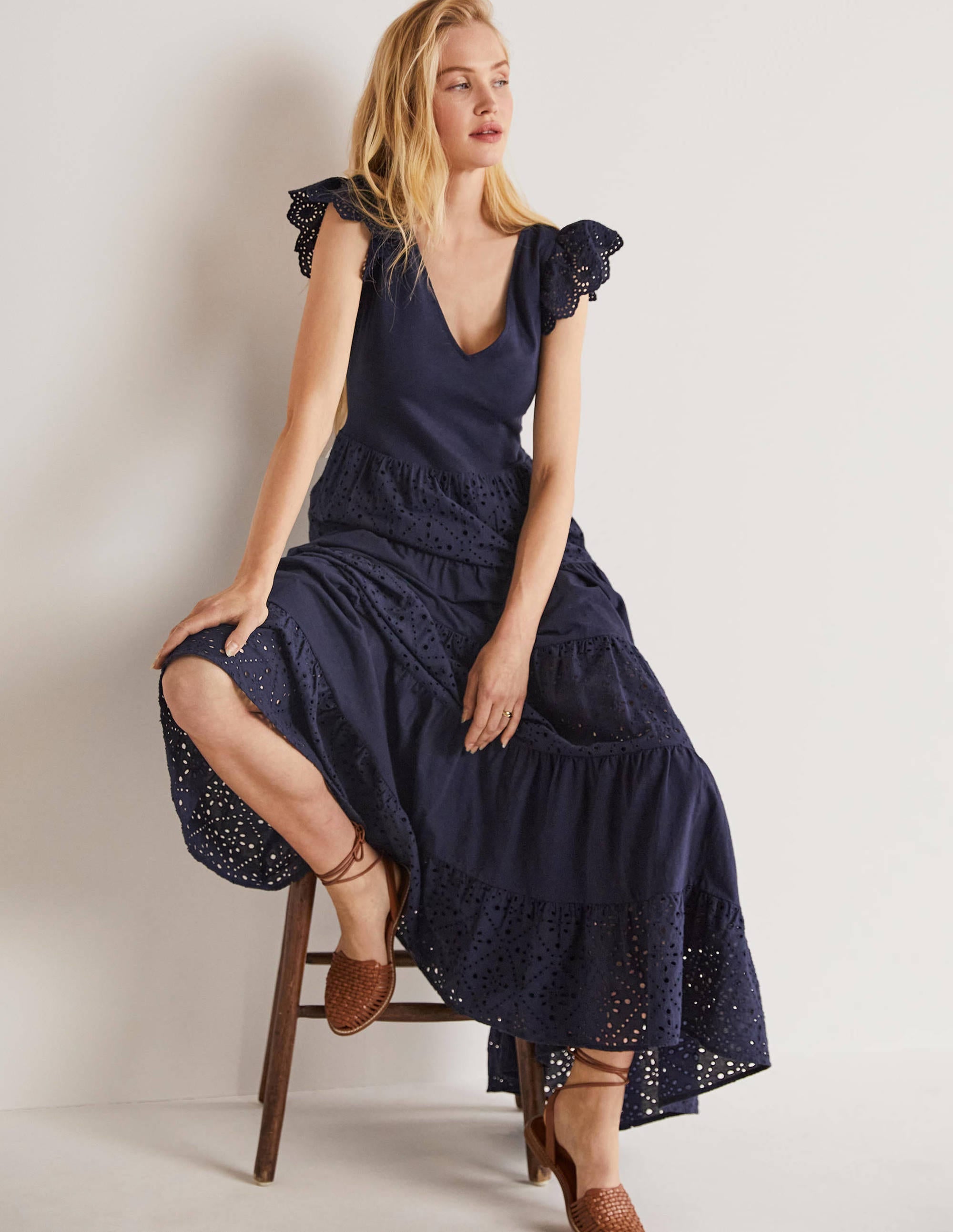 Broderie Mix Jersey Maxi Dress-Navy - Image 1