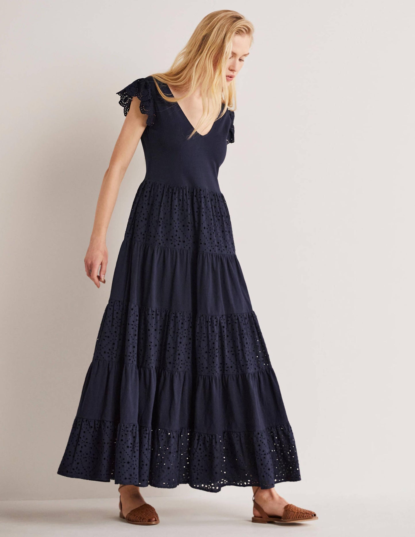 Broderie Mix Jersey Maxi Dress-Navy