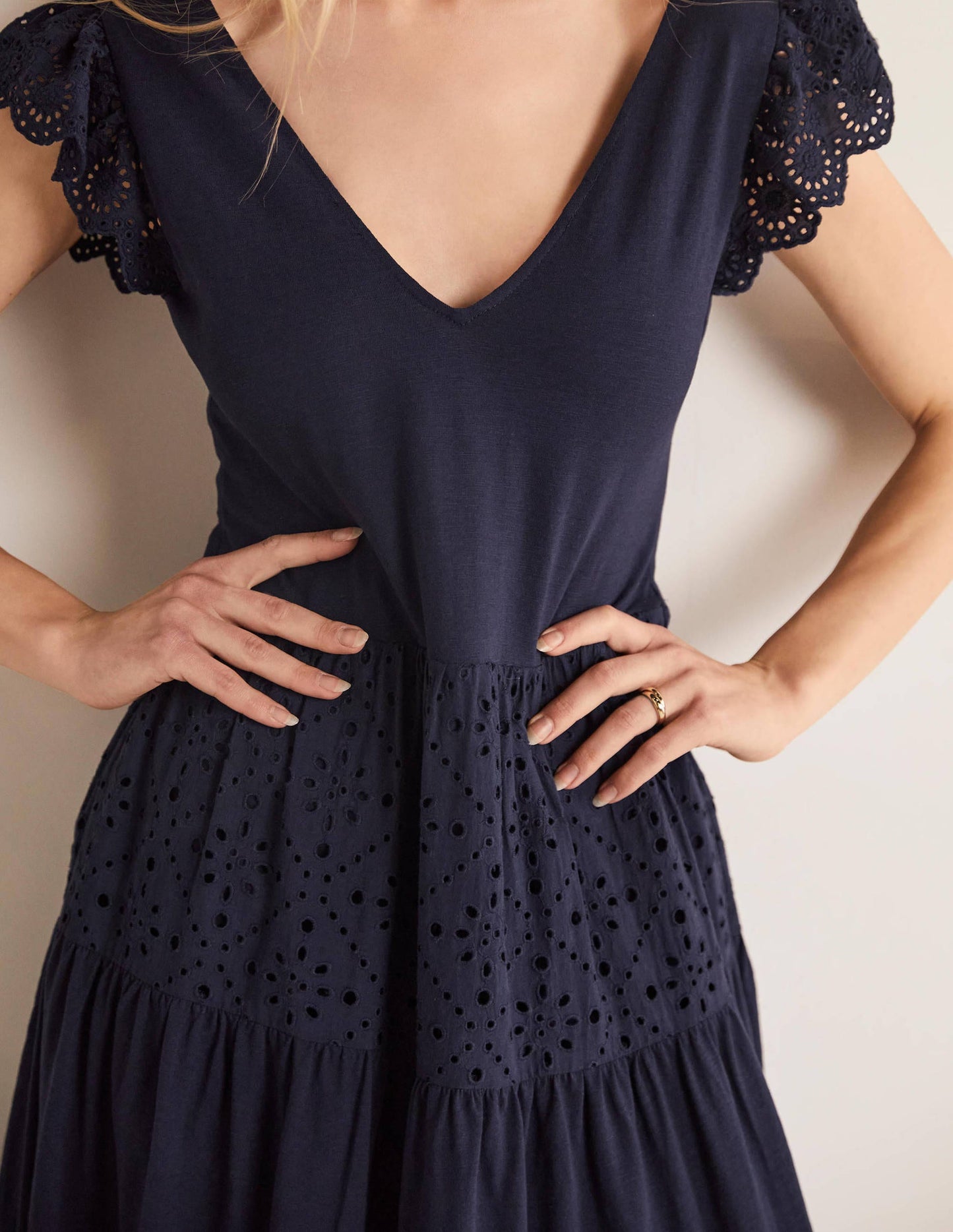 Broderie Mix Jersey Maxi Dress-Navy