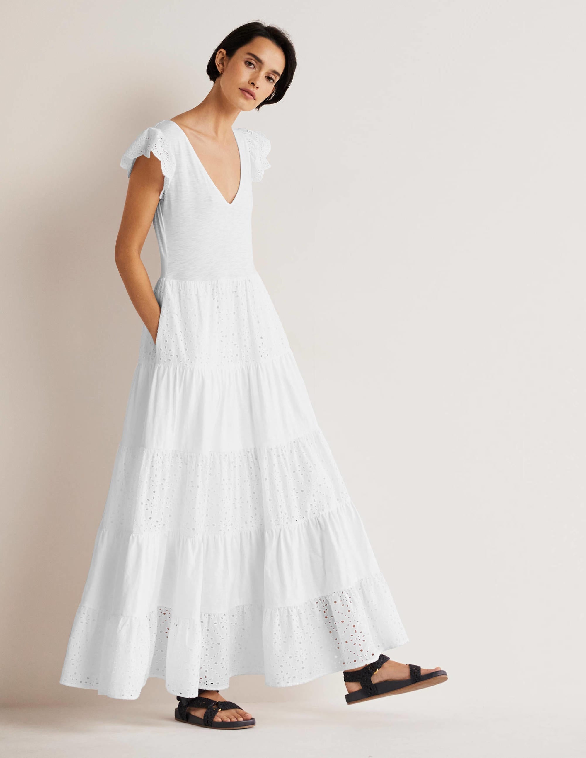 Broderie Mix Jersey Maxi Dress-White - Image 1