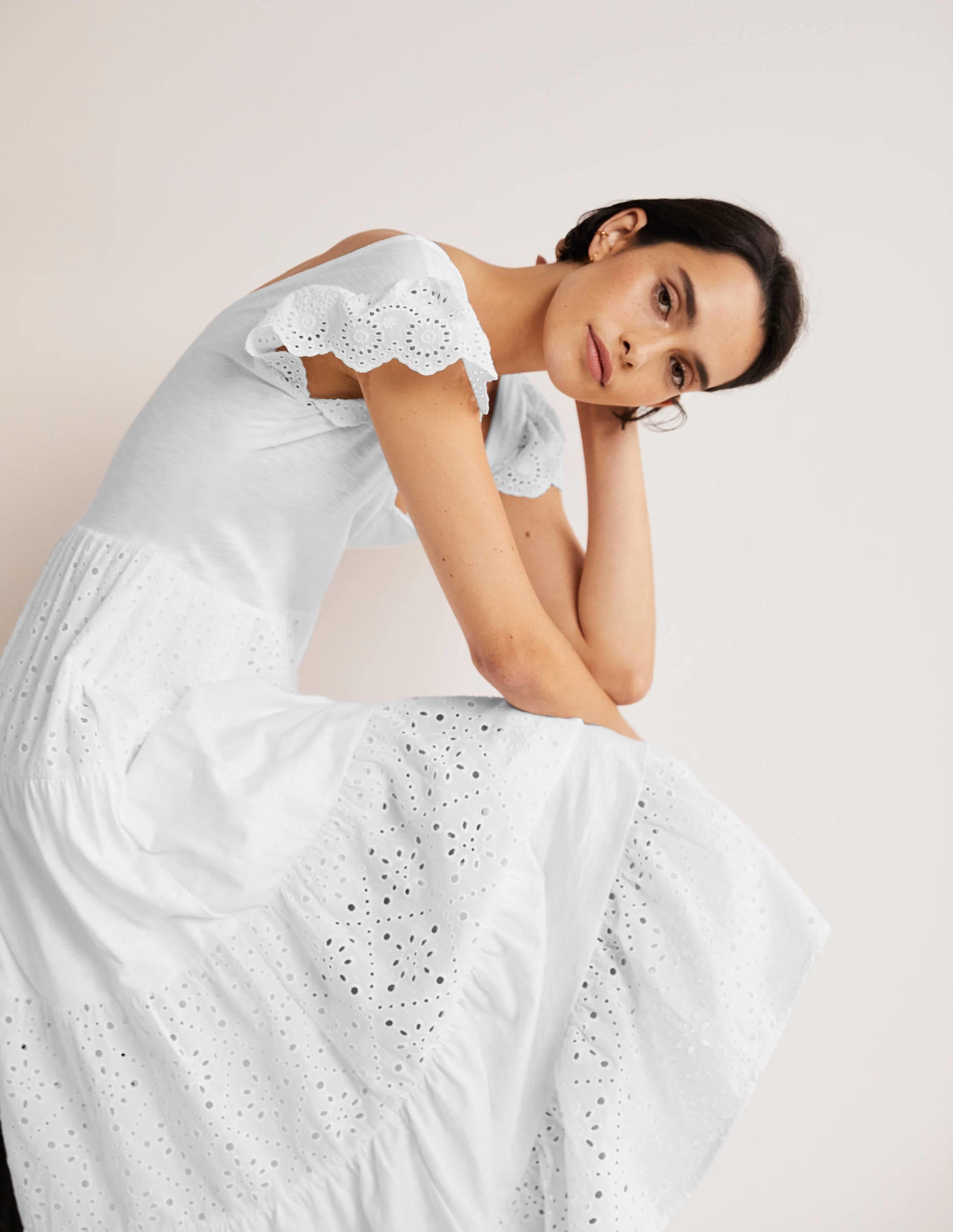 Broderie Mix Jersey Maxi Dress-White - Image 4