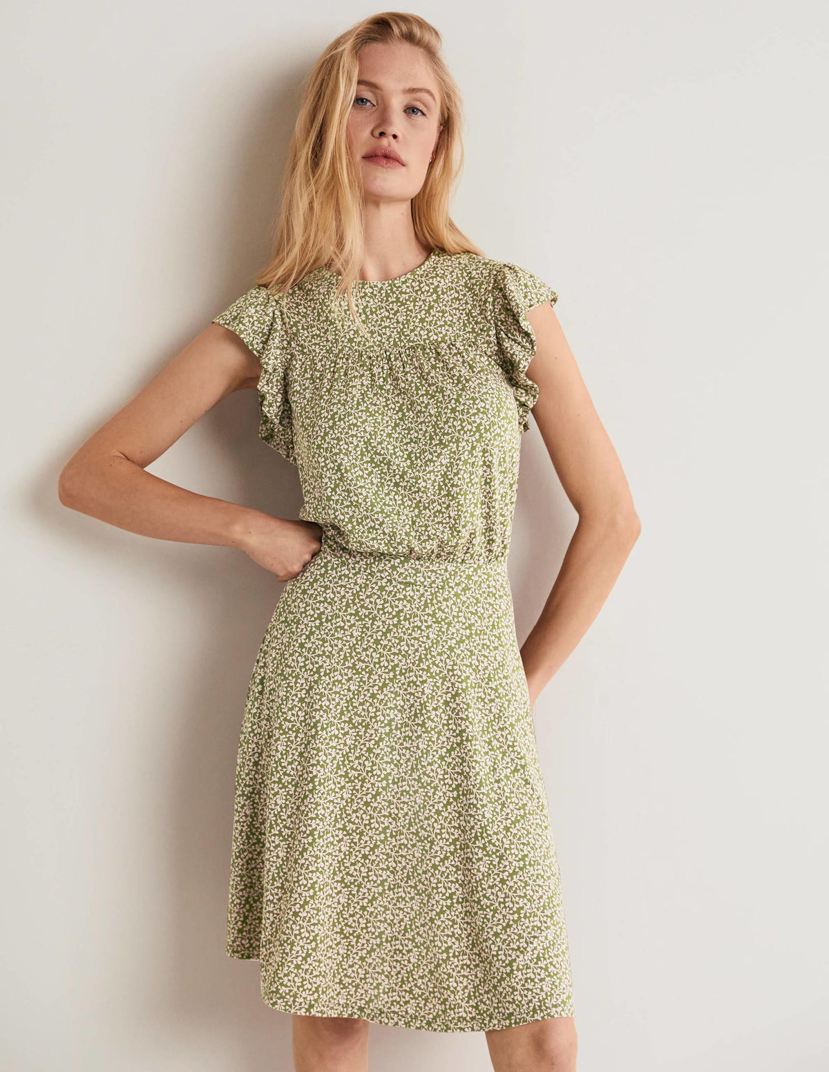 Ruffle Printed Mini Dress-Basil, Pome Leaf - Image 1
