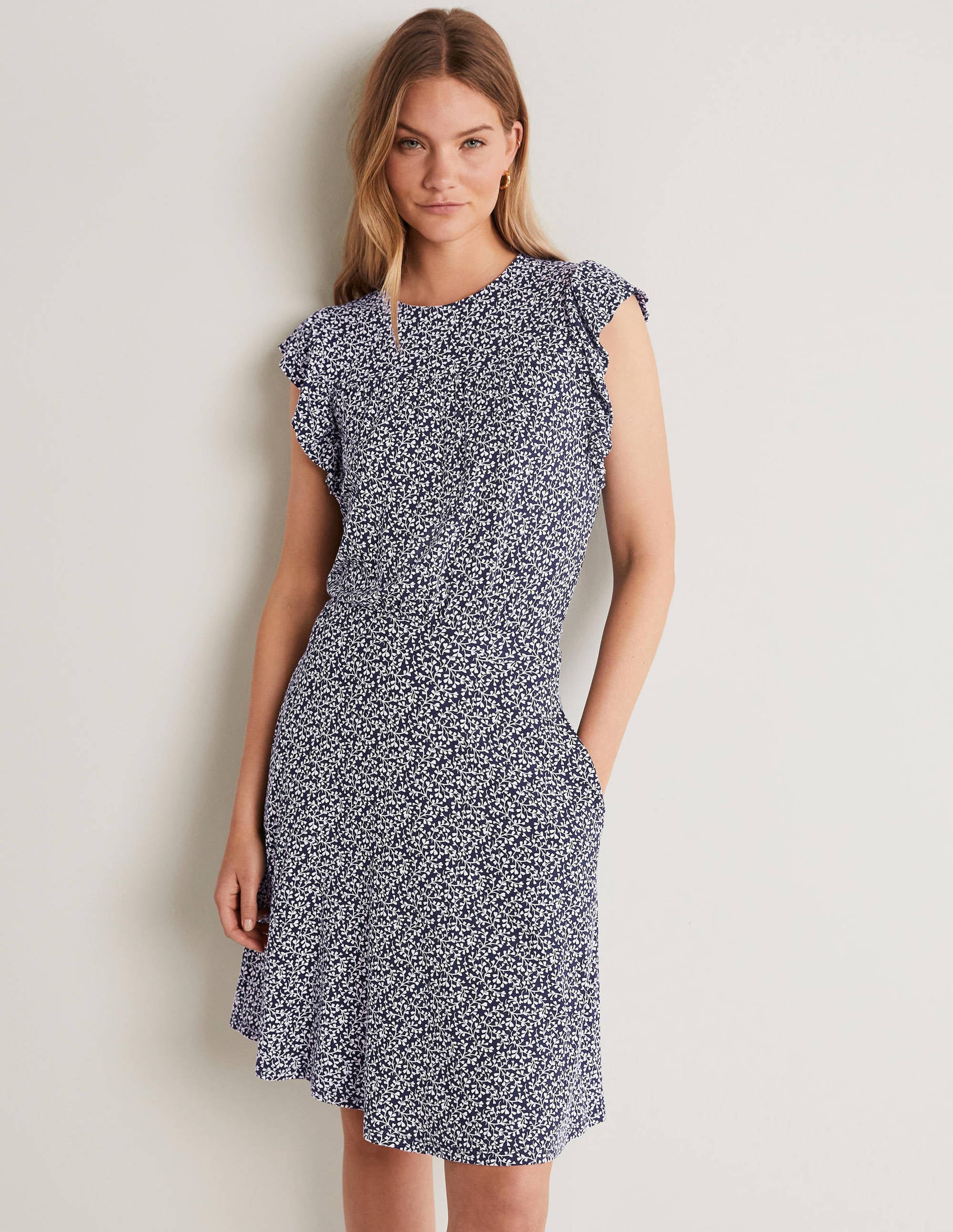Ruffle Printed Mini Dress-Navy, Pome Leaf - Image 1