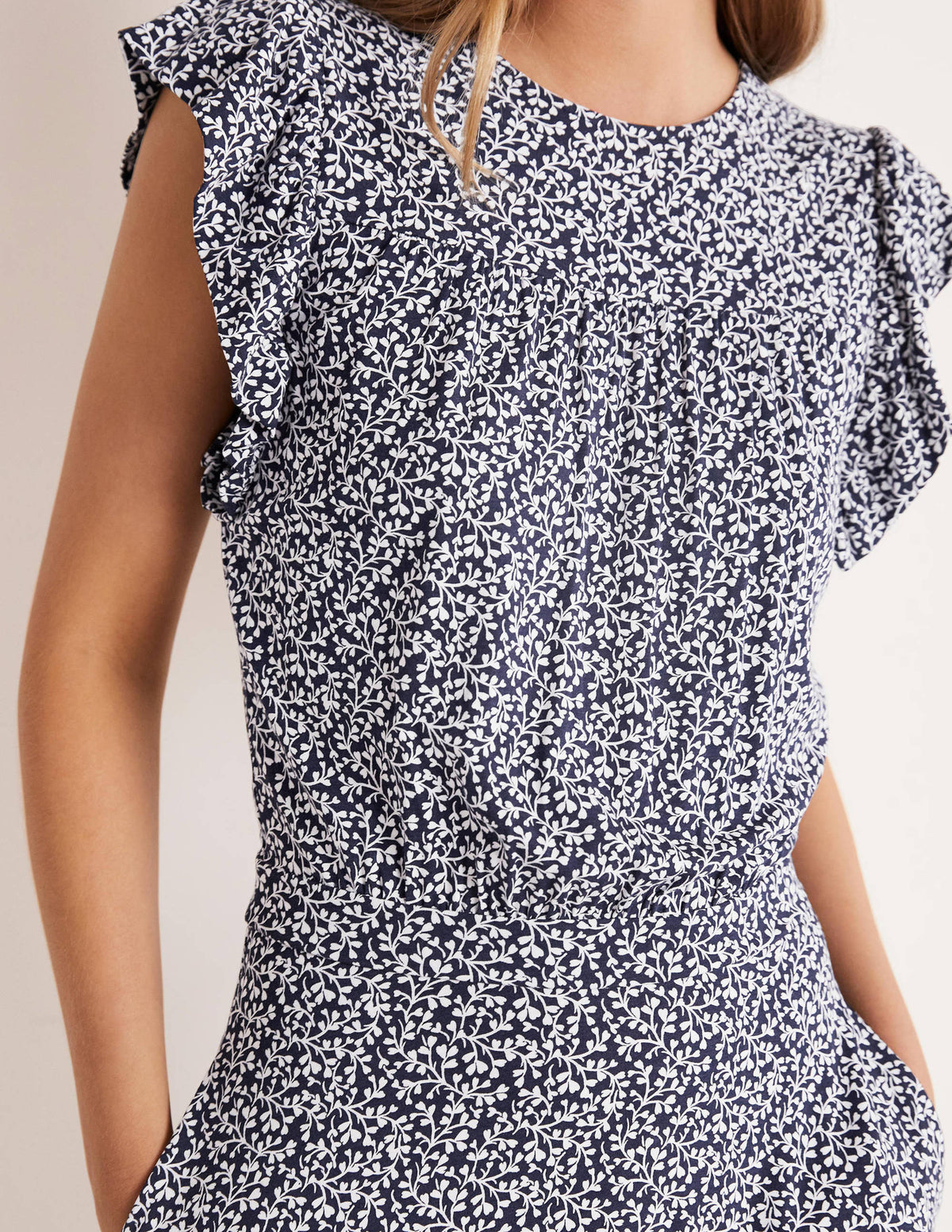 Ruffle Printed Mini Dress-Navy, Pome Leaf-2