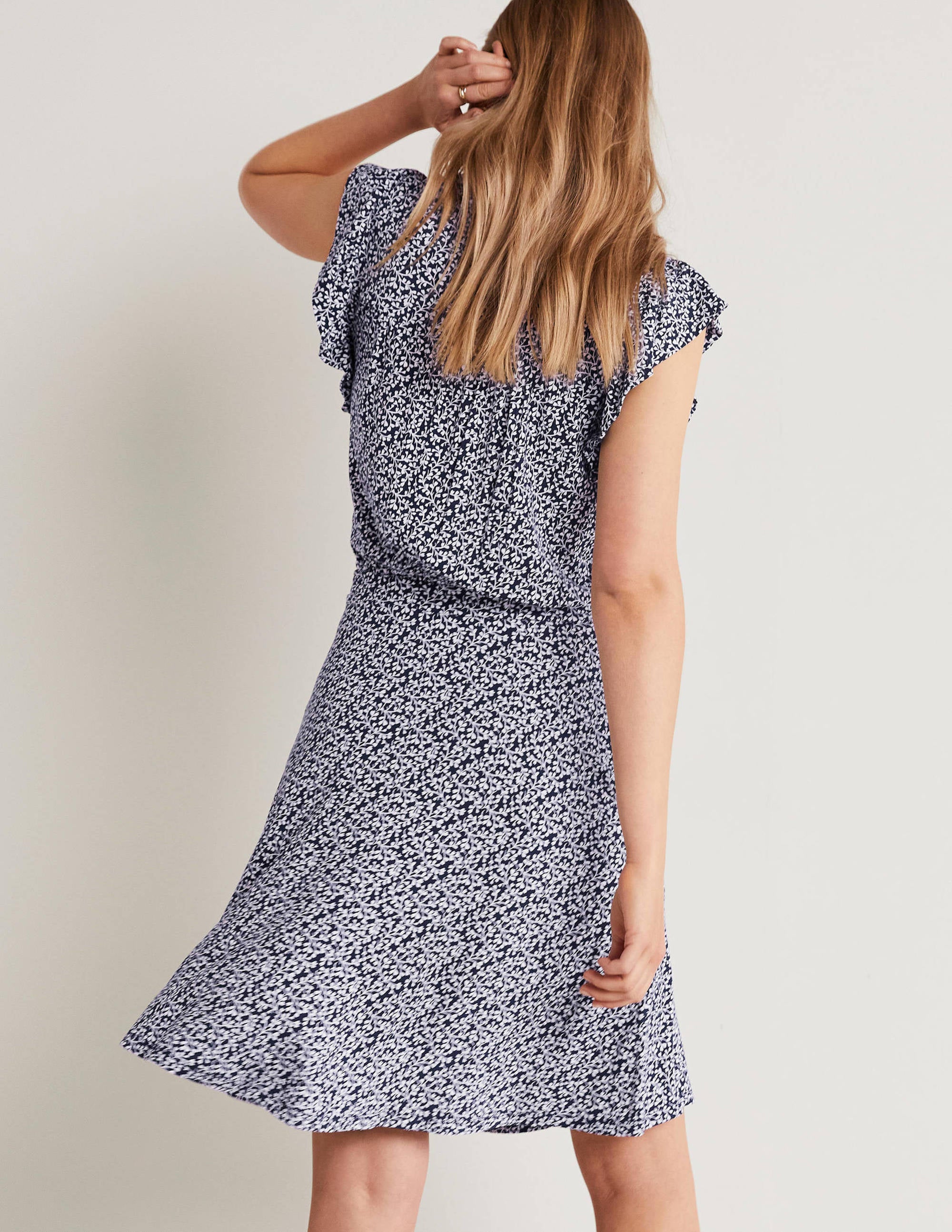 Ruffle Printed Mini Dress-Navy, Pome Leaf - Image 3