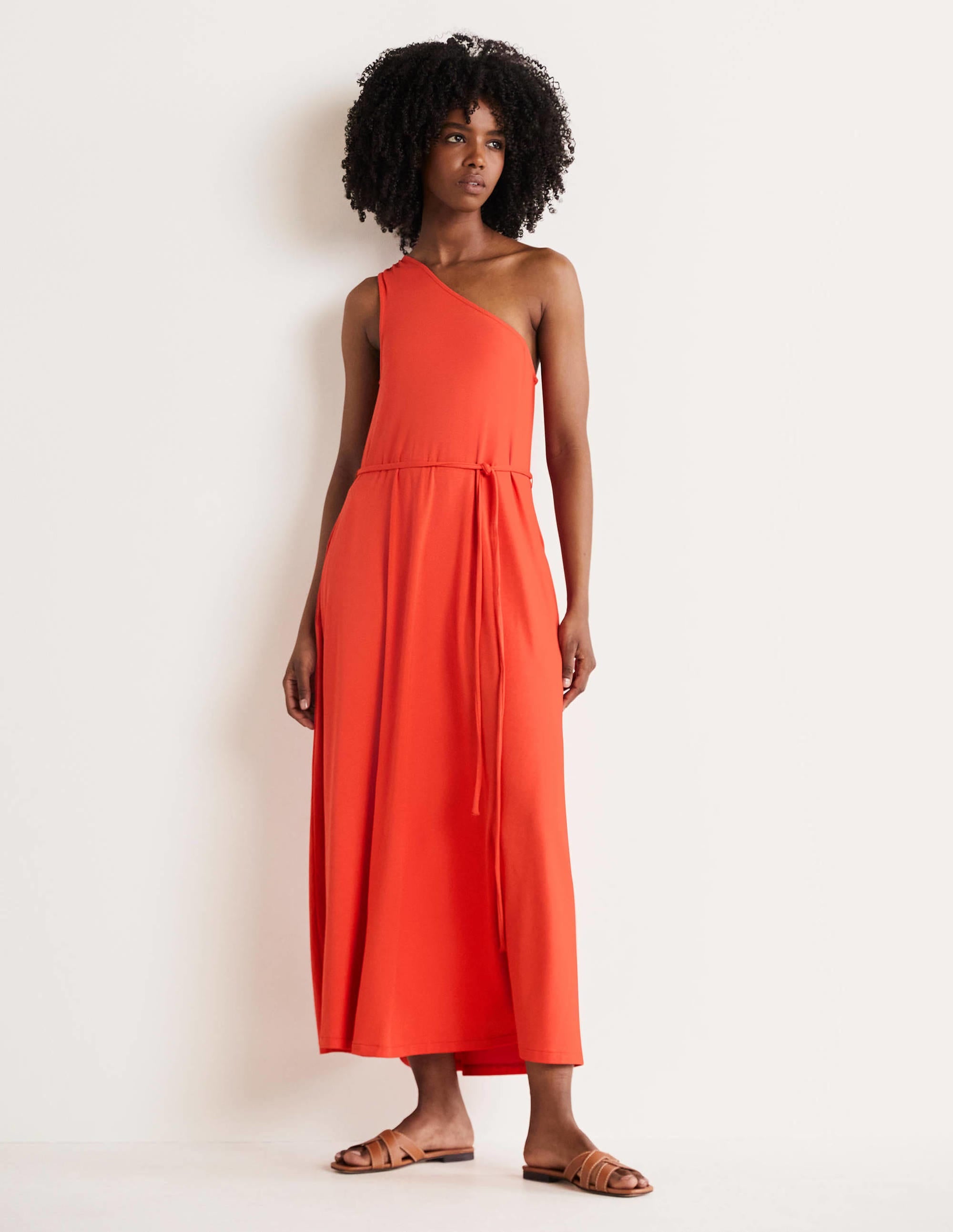 One Shoulder Jersey Midi Dress-Cherry Red - Image 1