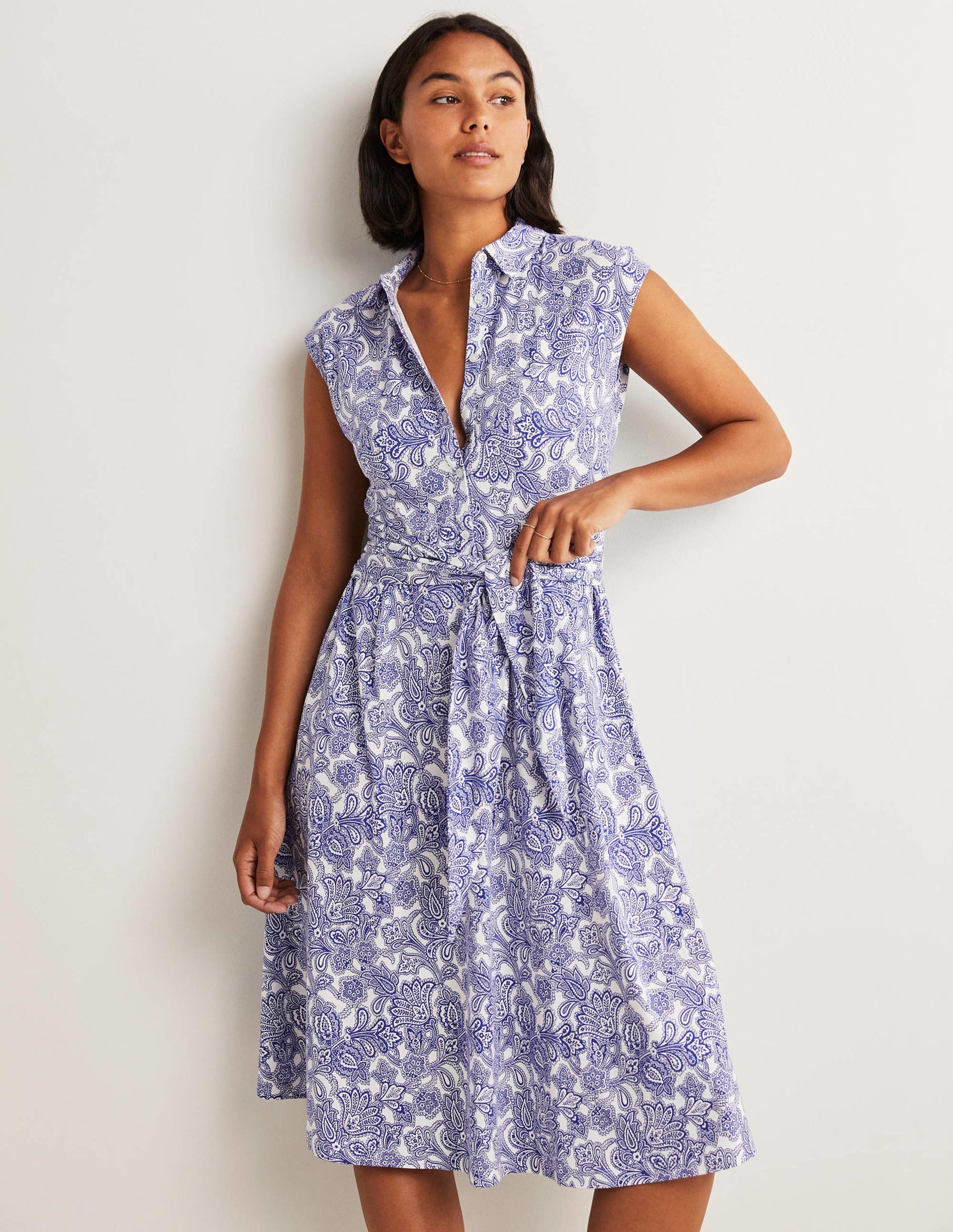 Tie Waist Jersey Shirt Dress-Atlantic Ocean, Paisley Bud-1