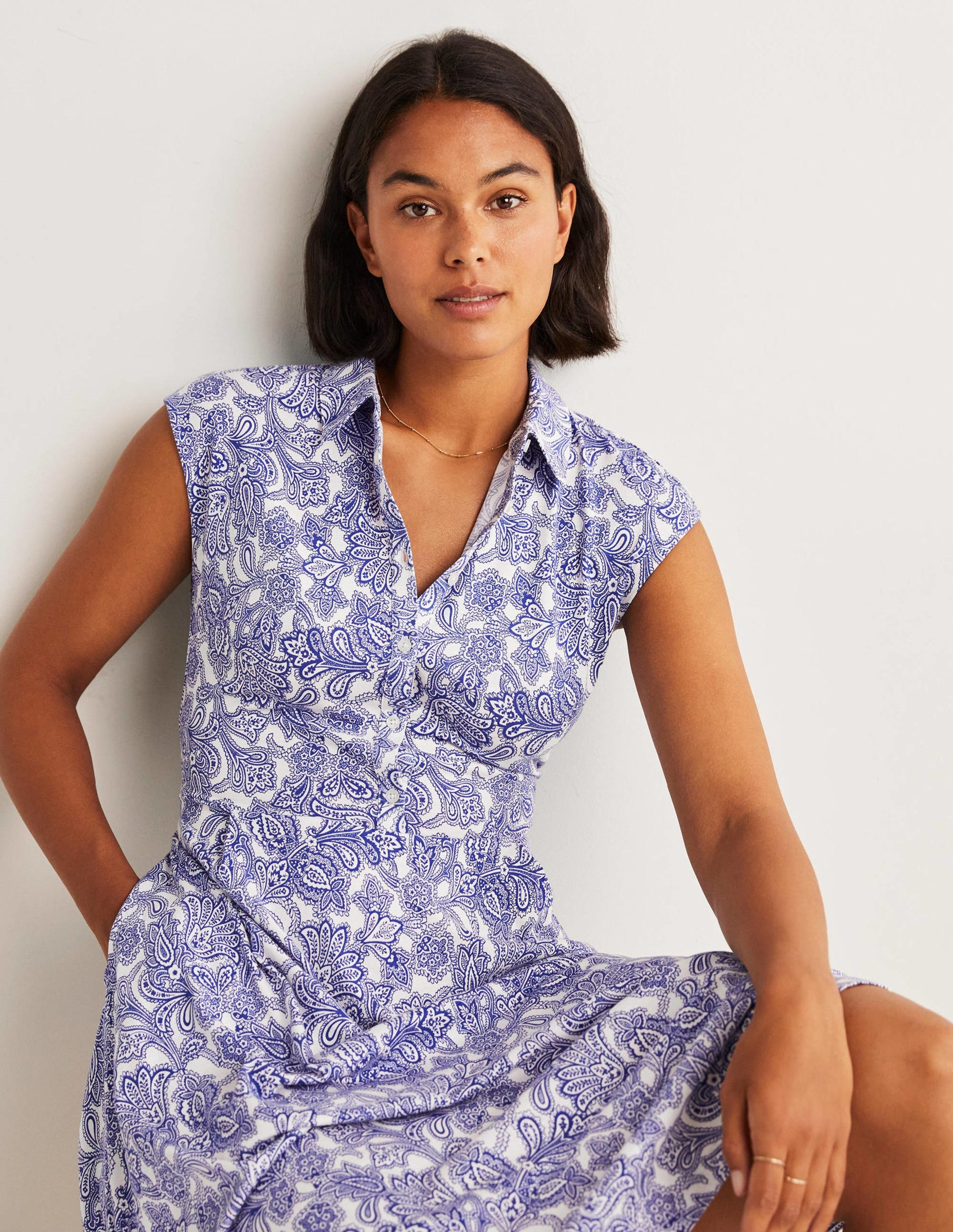Tie Waist Jersey Shirt Dress-Atlantic Ocean, Paisley Bud-4