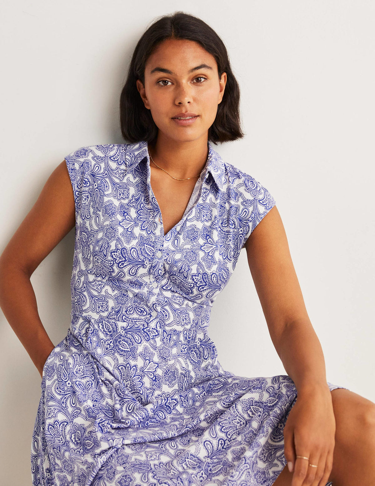 Tie Waist Jersey Shirt Dress-Atlantic Ocean, Paisley Bud - Image 4