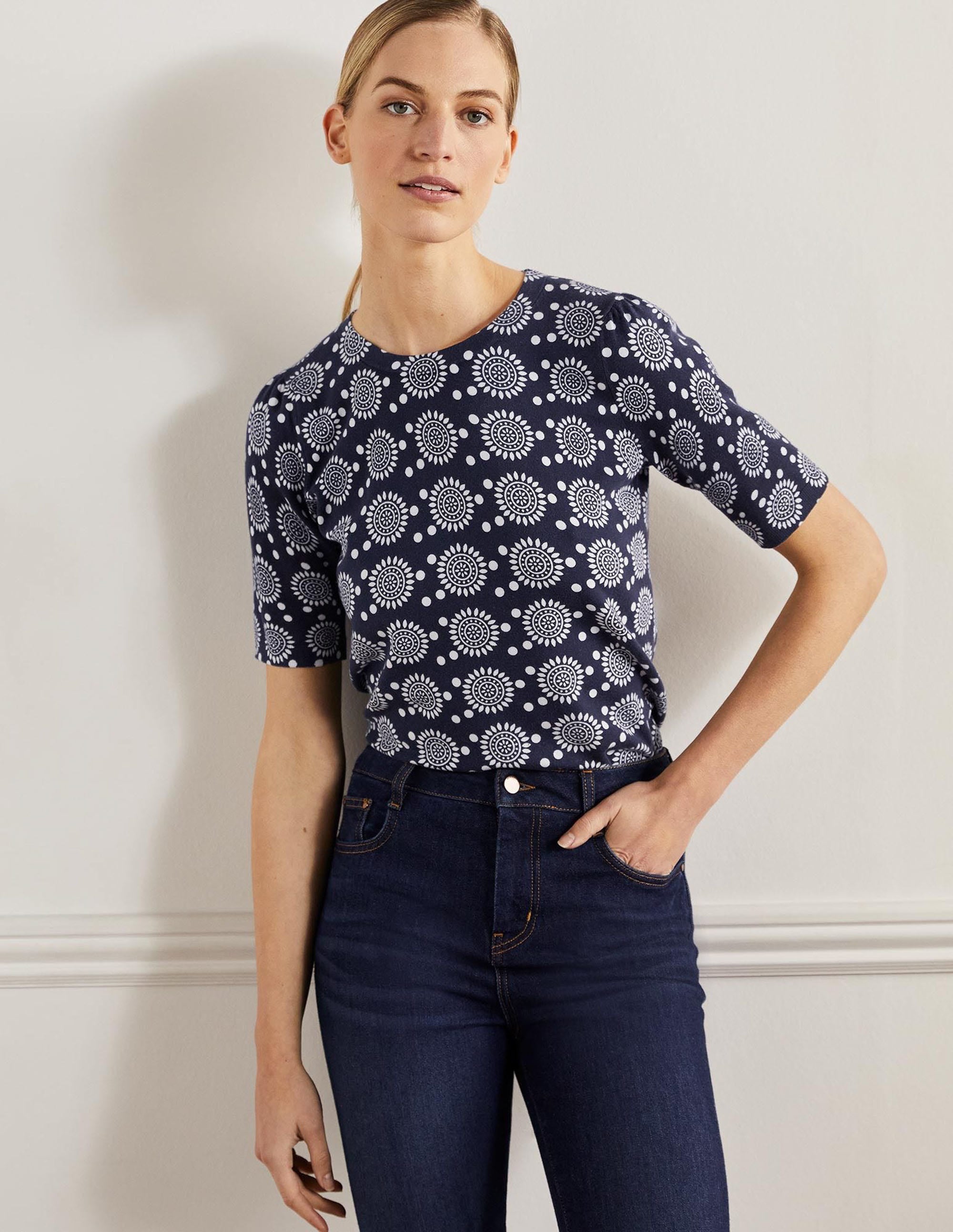 Cotton Crew Knitted Top-French Navy, Sun Geo - Image 1