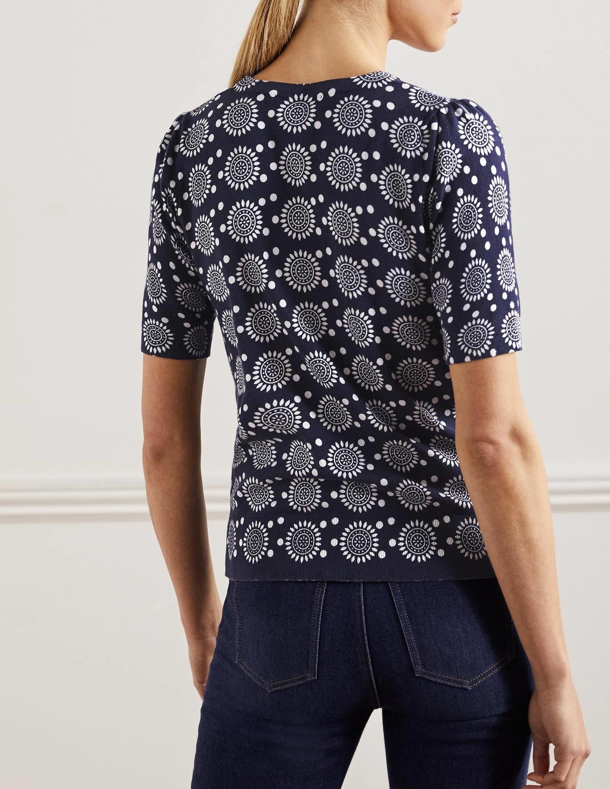 Cotton Crew Knitted Top-French Navy, Sun Geo - Image 3