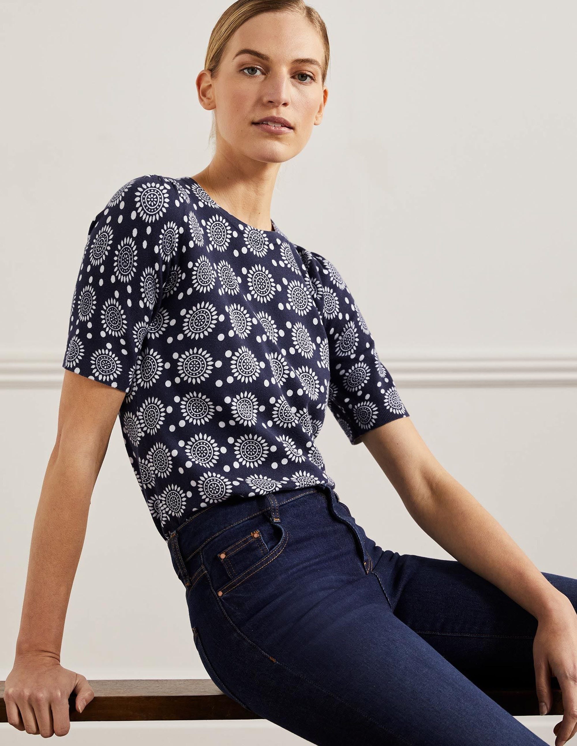 Cotton Crew Knitted Top-French Navy, Sun Geo - Image 4